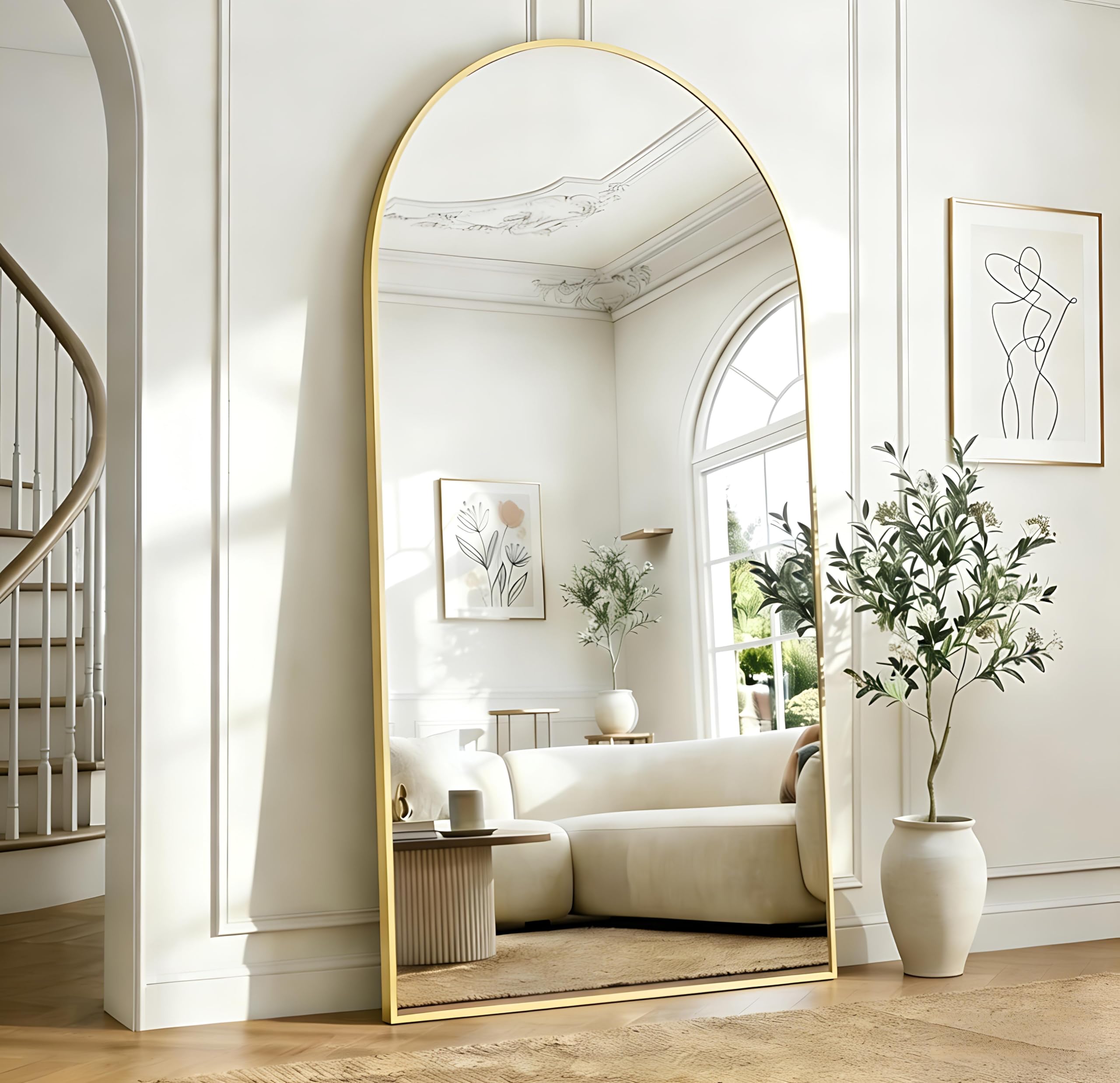 KOCUUY Bogen Standspiegel, 196 x 96 cm Großer Gewölbter Ganzkörperspiegel, Groß Wandspiegel mit Gold Aluminium Rahmen, Hängend, Stehend, Kippbar, für Wohnzimmer, Schlafzimmer und Flure