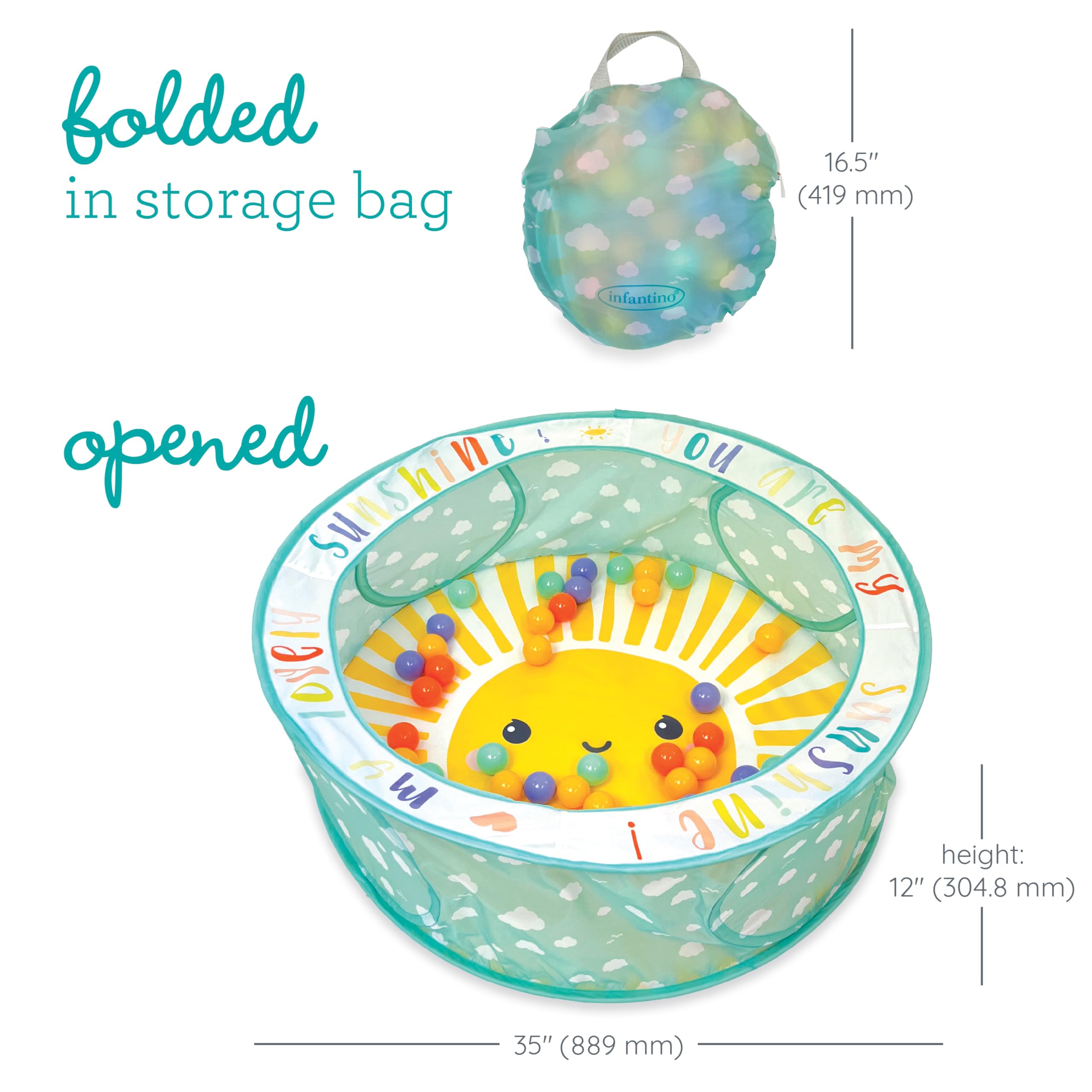 Infantino Pop-Up Bällebad mit 50 Bunten Bällen, Einfacher Aufbau & Platzsparende Aufbewahrung für Babys, Großes Spielzelt 90 cm, Farbenfrohes & Fröhliches Design