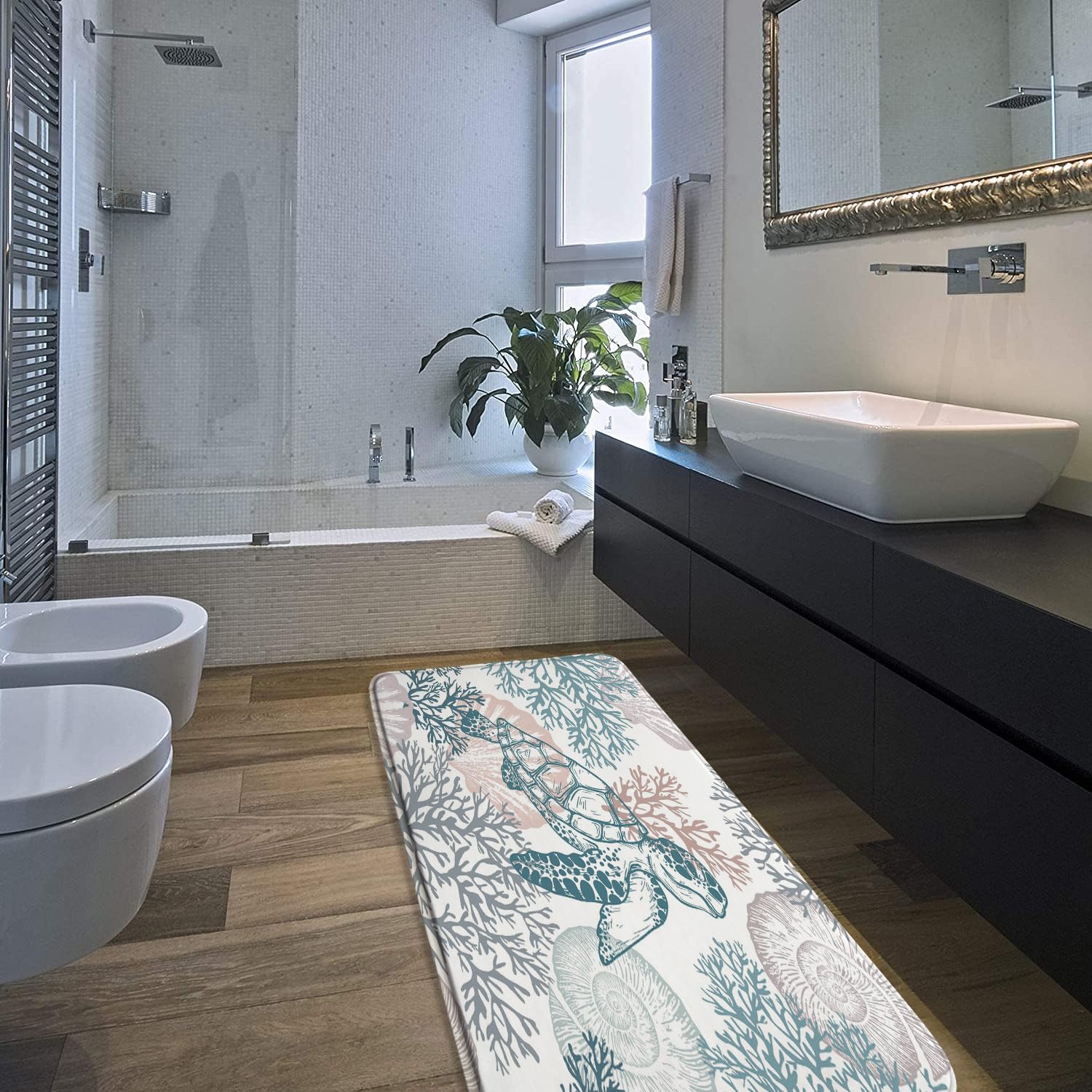 Nautical Coastal Bath Mat Sea Turtle Starfish Seashell Coral Reef Vintage Ocean Beach Themed Marine Life Bathroom Rugs Doormat Kitchen Toilet Floor