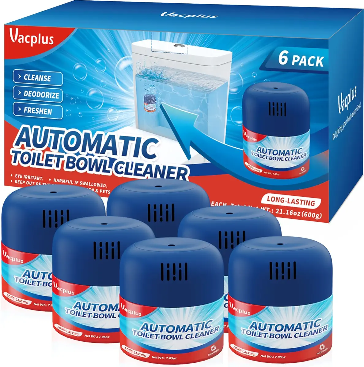 Vacplus Toilet Bowl Cleaners - 6 Pack, Long-Lasting Toilet Cleaner Bottle, Easy-to-Use Toilet Bowl Cleaner Tablets in Bottles, Krazy Klean Automatic Toilet Bowl Cleaner with Powerful Cleaning