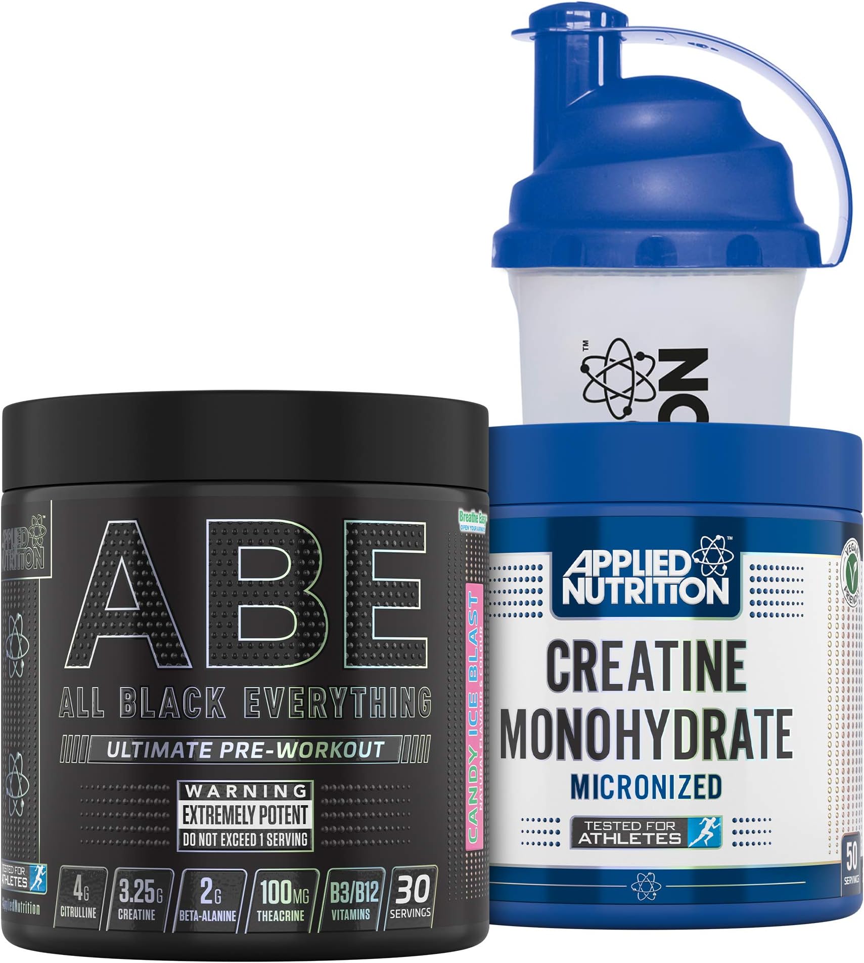 Applied Nutrition Bundle ABE Pre Workout 315g + Creatine 250g + 700ml Protein Shaker | All Black Everything Pre Workout Powder, Energy & Performance with Creatine, Beta Alanine (Candy Ice Blast)