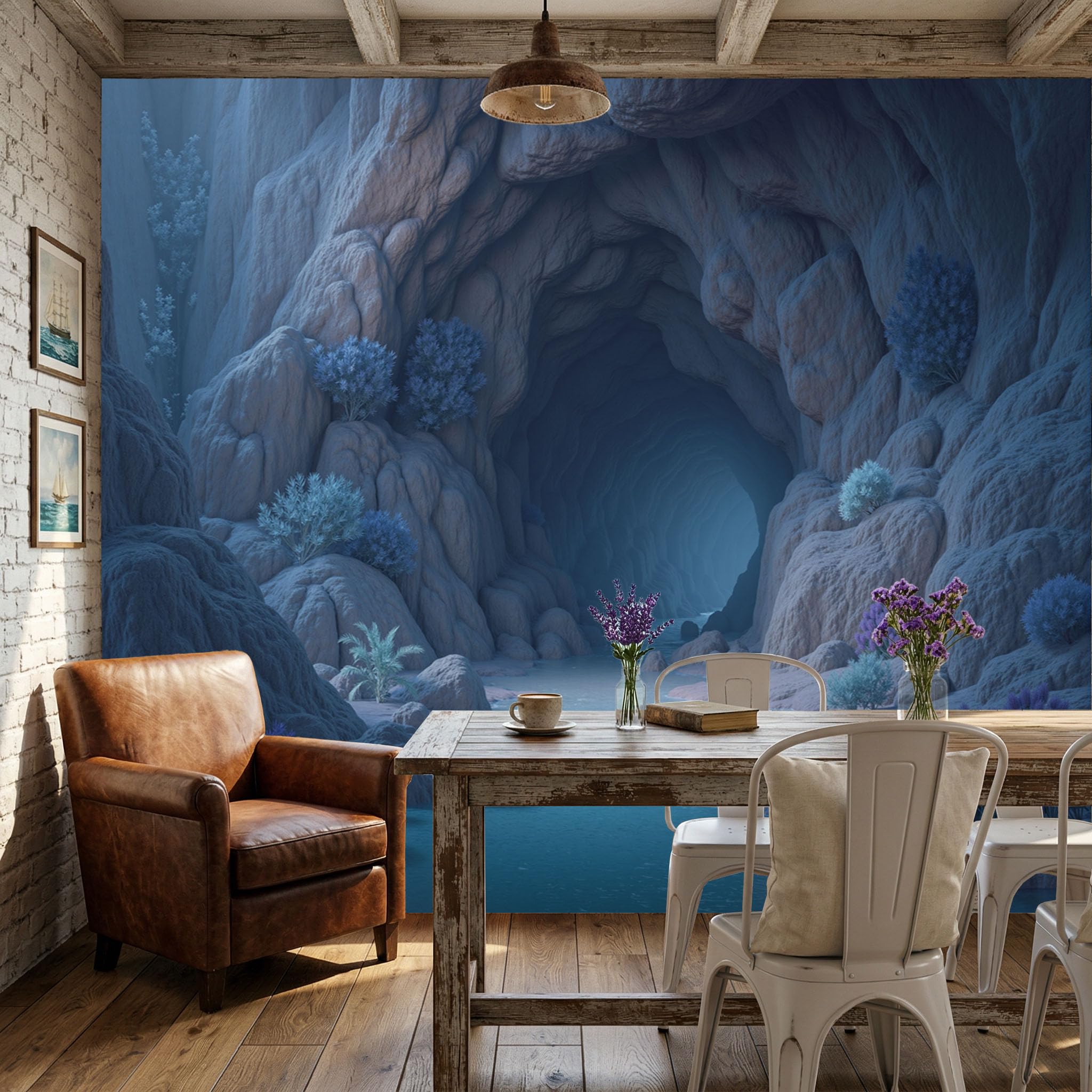 Papier peint thème océanique réaliste bleu profond avec effet mural 3D