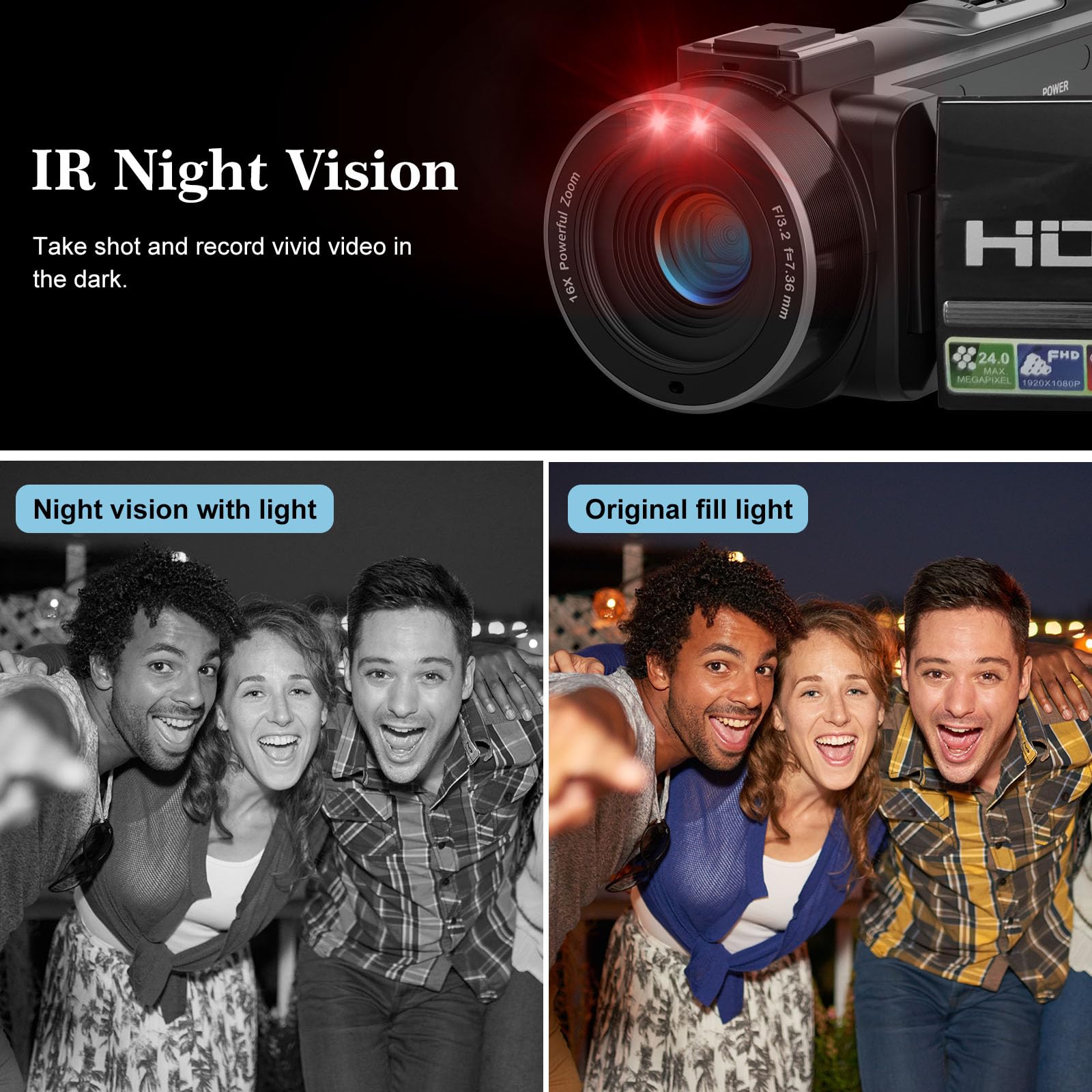Videocámara 1080P Full HD 36MP 30FPS Visión Nocturna IR Cámara de Video Vlog para YouTube Zoom Digital 16x Pantalla IPS giratoria 270° de 3.0 pulgadas Videocámara Digital