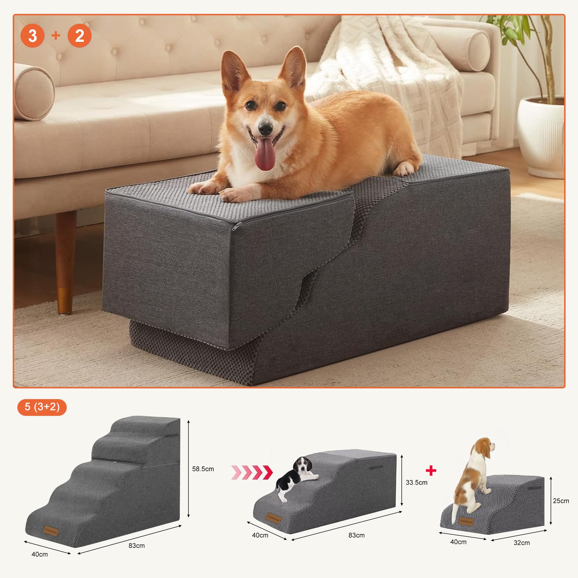 Trhillsbrad - Scala per cani di piccola taglia e gatti, 5 gradini, 2 in 1, scale per letti alti e antiscivolo bilanciate per interni