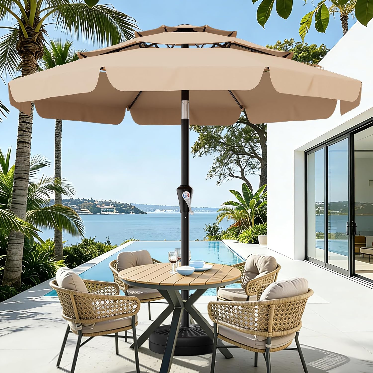 AreShark 10FT 3-Tiers Patio Umbrella with Valance, Outdoor Umbrellas with Crank/Tilt, Table Market Umbrella Vented w/ 8 Sturdy Ribs for Garden, Deck, Backyard, and Pool, Beige