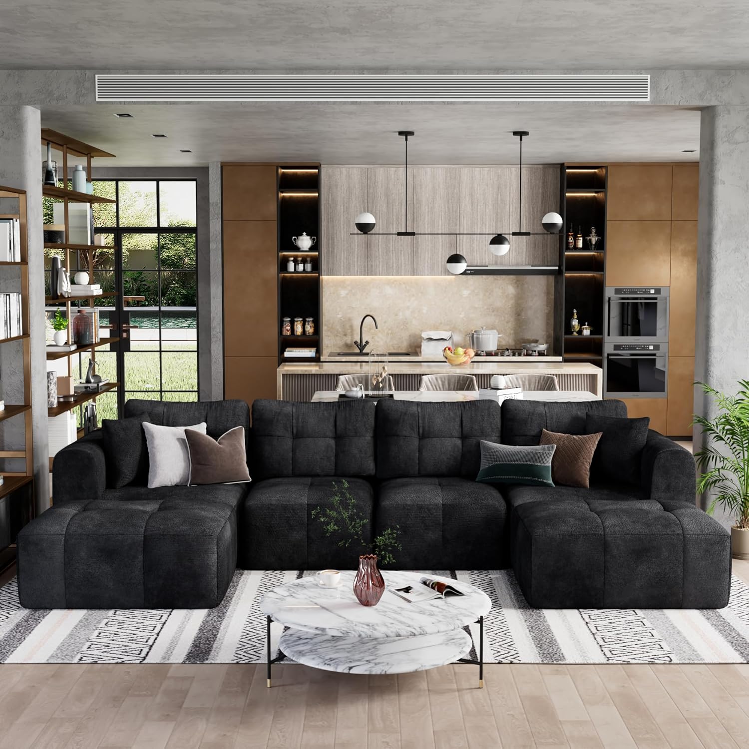 140 Inch U-Shaped Boneless Couch with 2 Convertible Ottomans & Deep Seat - Modular Cloud Sectional Sofa with Chaise Lounge, No Assembly Required, Chenille Fabric for Living Room, Black