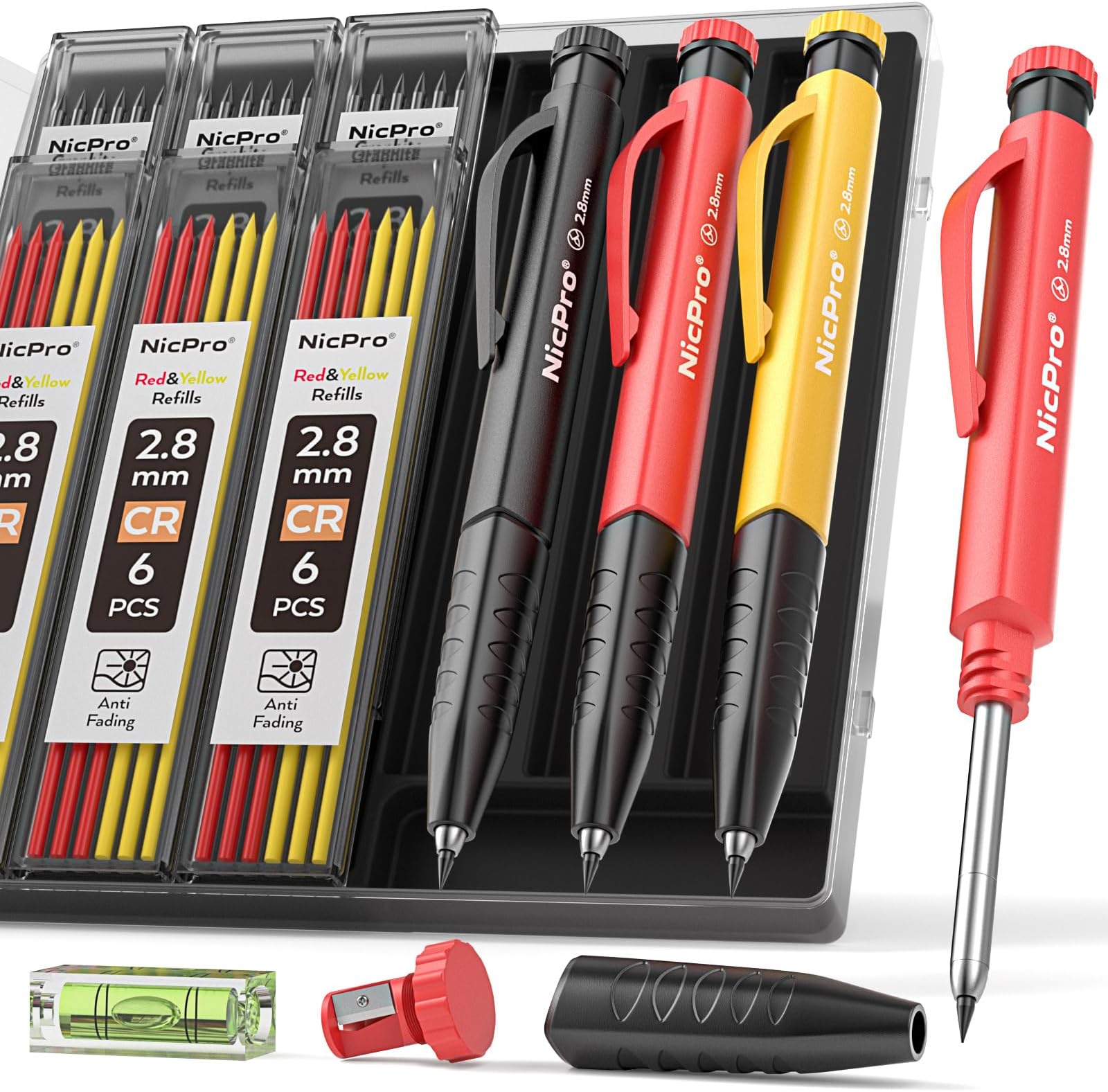 3 PCS Carpenter Pencils with Sharpener & Finger Grip, Mechanical Carpenter Pencils with 39 Refills, 3-IN-1 Deep Hole Construction Pencil Heavy Duty Woodworking Tools for Architect Marking