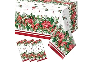 3Pcs Christmas Holly Poinsettia Tablecloths, Holly Berry Red Ribbon Table Cloth Disposable...