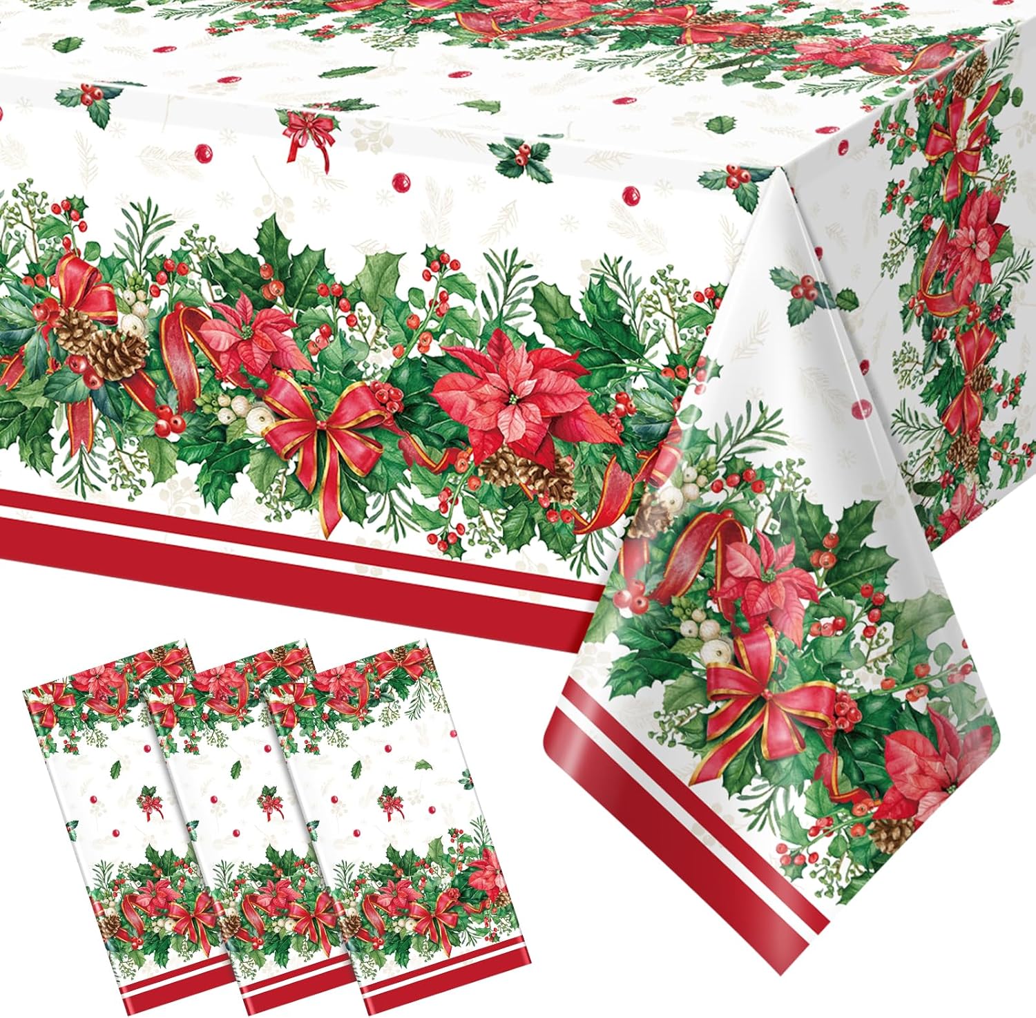 3Pcs Christmas Holly Poinsettia Tablecloths, Holly Berry Red Ribbon Table Cloth Disposable Rectangle Plastic Poinsettia Table Covers for Xmas Holiday Party Decorations and Supplies,54x108inch