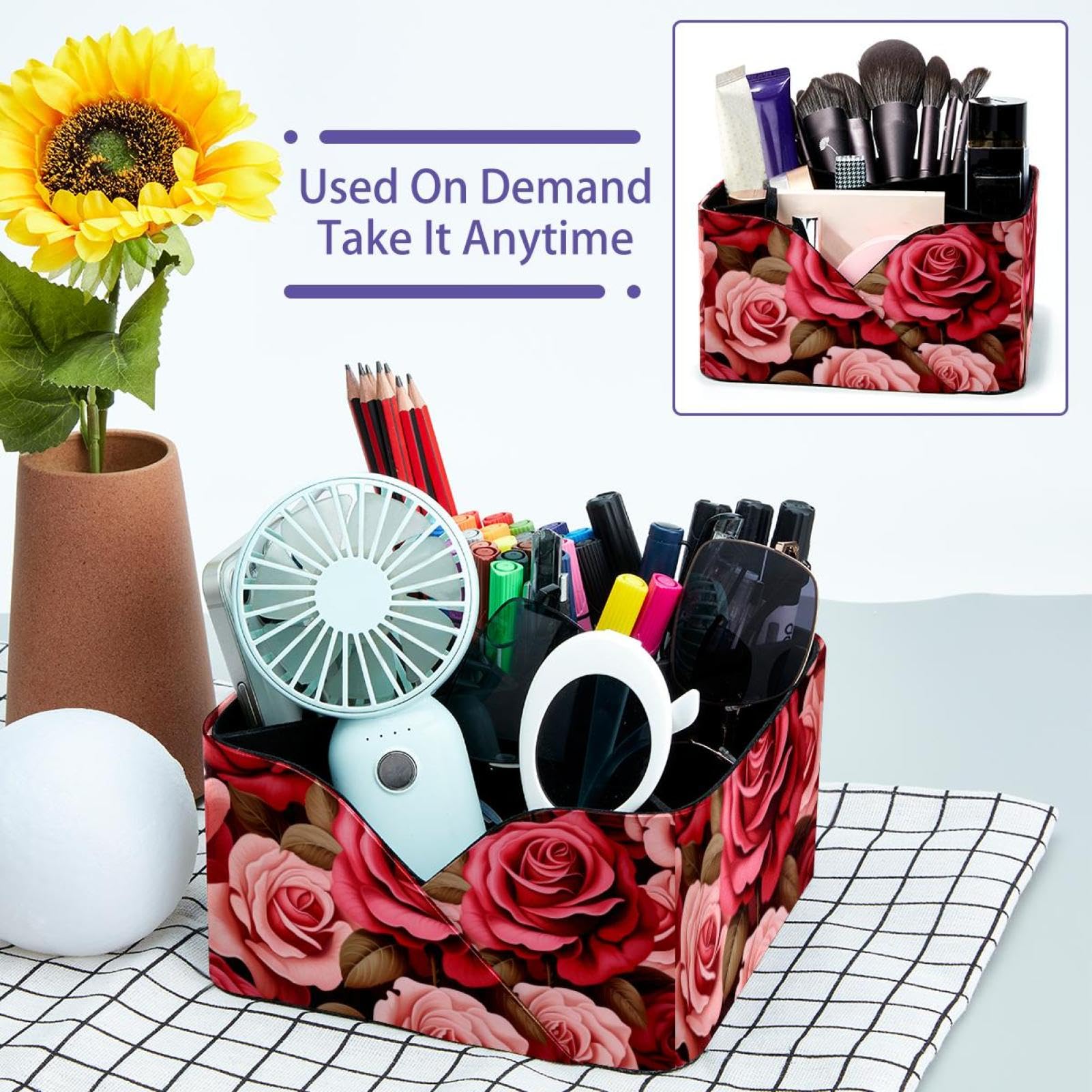 Pot à crayons cubique en cuir pour bureau avec bouquet de roses, joli pot à stylos, pinceaux de maquillage, organisateur de bureau