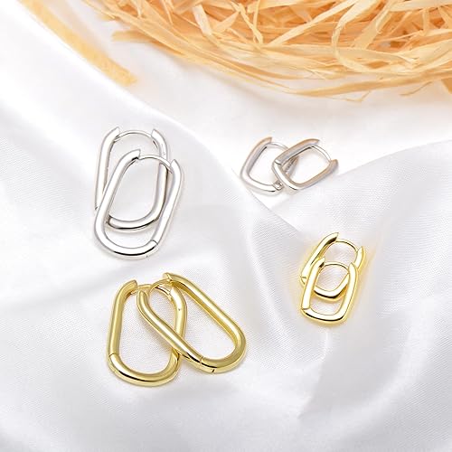 Miniatura 5 de 925 Sterling Silver Tiny Huggie Hoop Earrings Rounded Rectangle, Yellow Gold Plated
