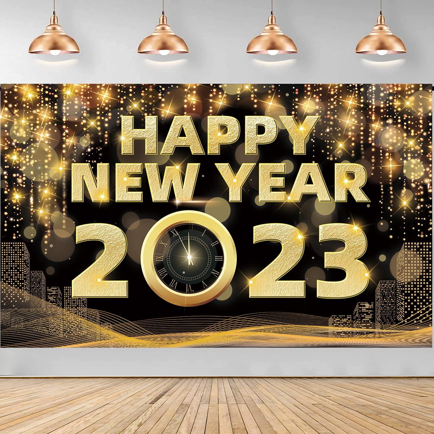 Xtra Large Happy New Year Banner - 2023 New Year Decorations, 72x44 Inch New Years Eve Backdrop Black Gold New Year Banner for New Years Eve Party Supplies 2023, Happy New Year Decorations 2023