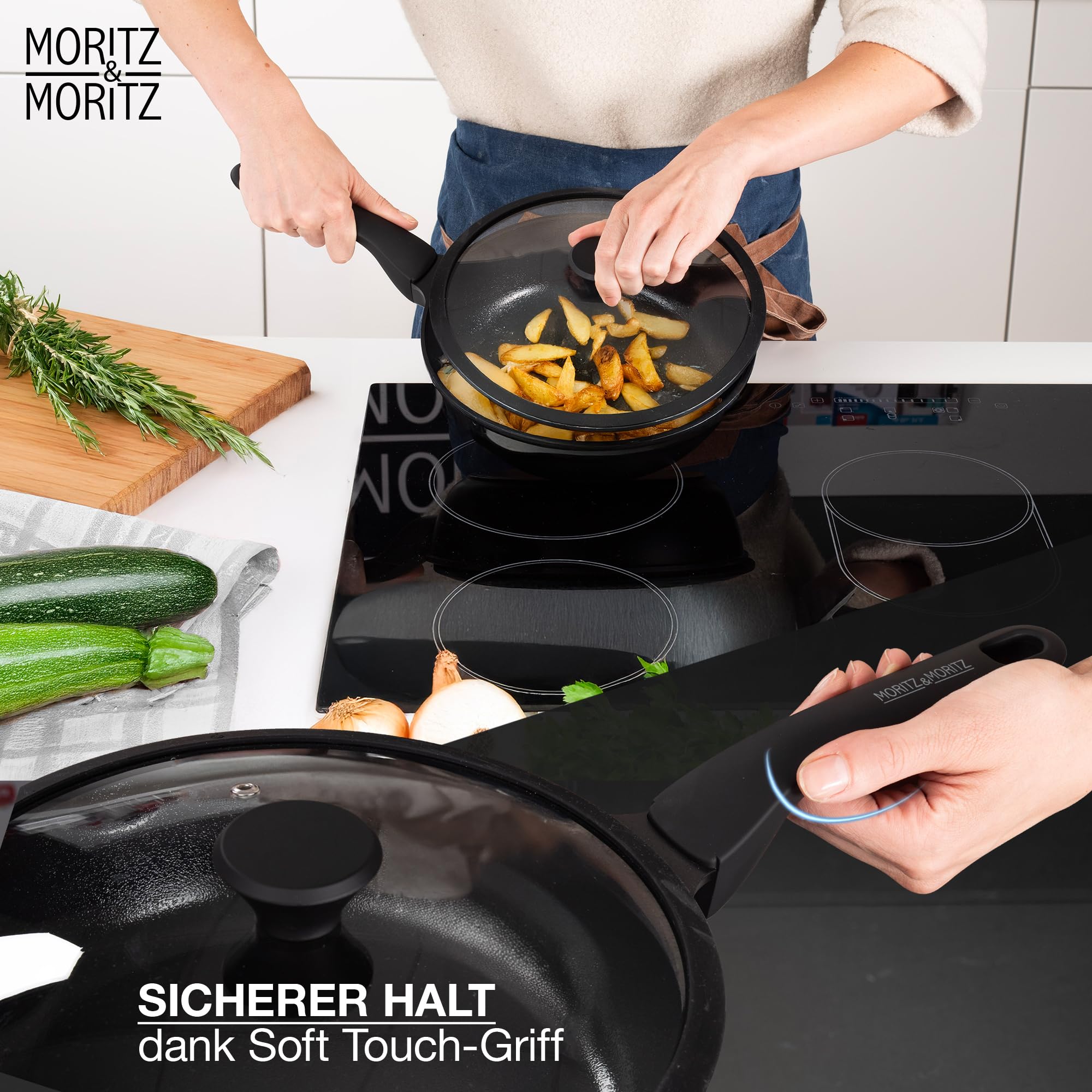 Moritz & Moritz Keramik Pfanne mit Deckel 26cm - frei von PFAS, PFOA & PTFE - Antihaft Bratpfanne 26cm - Schmorpfanne für alle Herdarten geeignet - Ideal zum Braten, Schmoren und Servieren - Schwarz