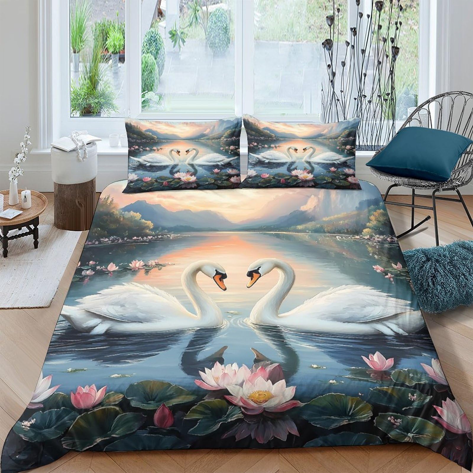 Ctjqhvkz Style-3 3D Printed Swan Lake Fitted Sheet Microfiber Soft Breathable Water Lily Bed Cover For Bedroom Dorm Mattress Protection Decor Single（135X200cm）