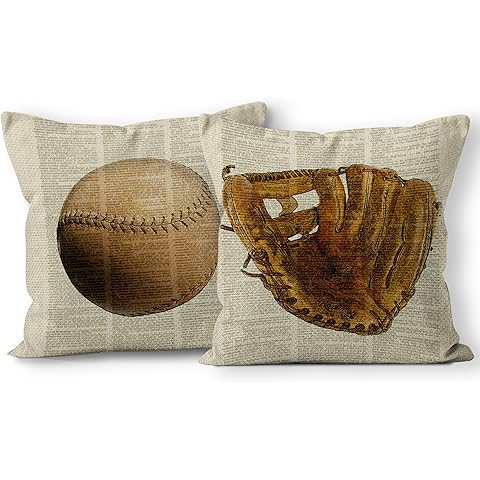 Vintage Baseball Glove Linen Throw Pillow Case, 18 x 18 Inch Set of 2, Baseball Decor, Gift for Player, Lover, Dad, Son, Husband, Cushion Cover for Sofa Couch Bed