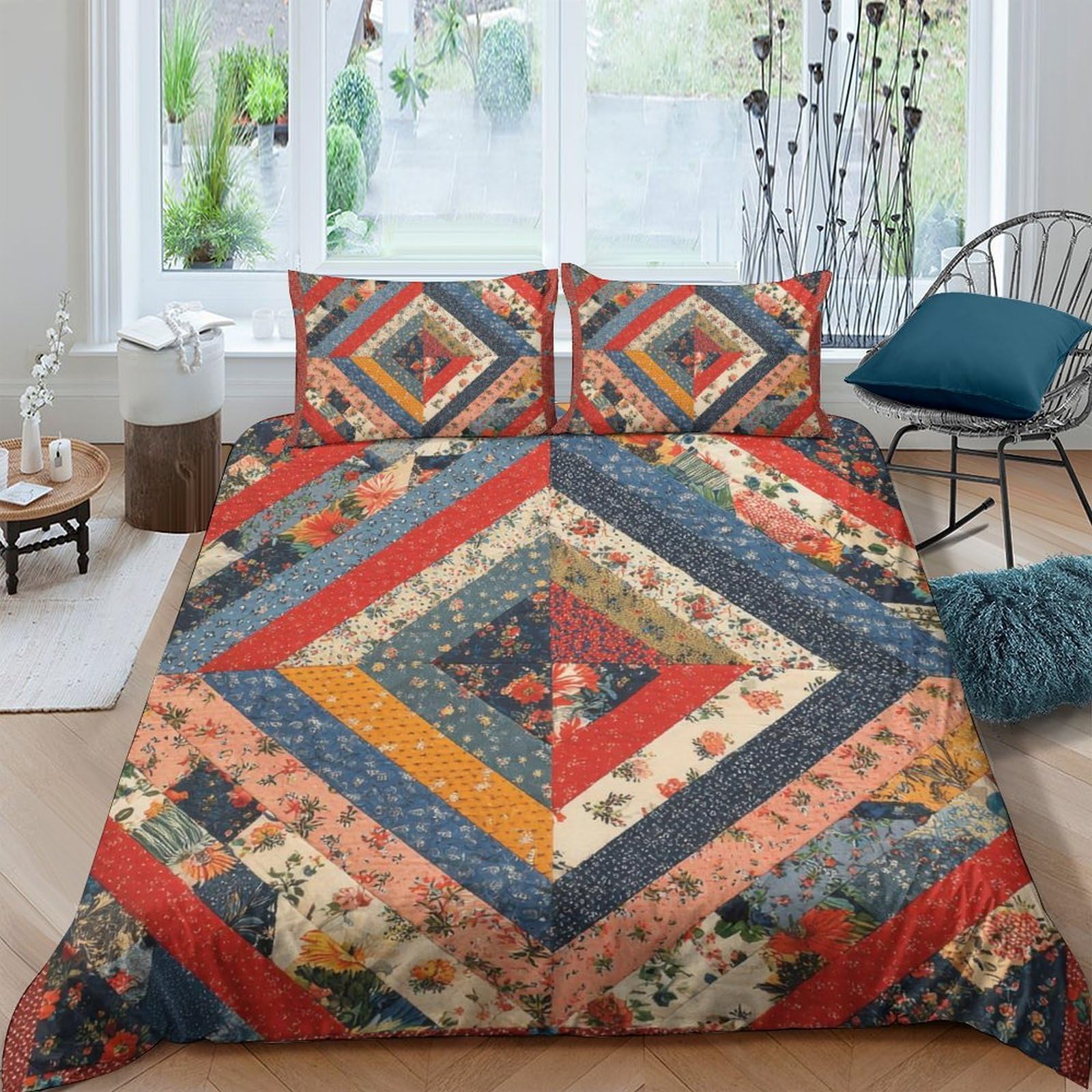 GPLZQXKJNH 3D Printed Patchwork Boho Duvet Cover Microfiber Soft Breathable Geometric Quilt Cover Set with 2 Pillowcases for Bedroom Decor Single（135x200cm）
