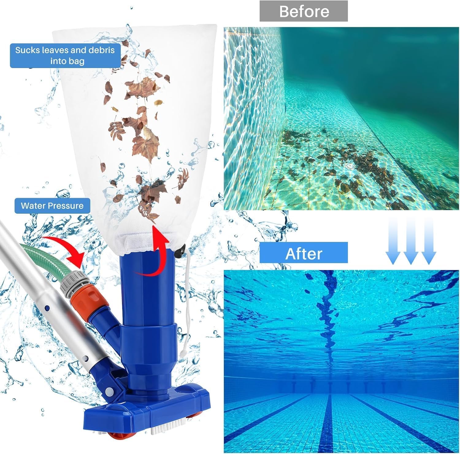 Aspirador de Piscina, Aspiradora de Fondo de Piscina Portátil con 180cm mástil, Aspirador de Piscina Manual Pequeña con Cepillo y Bolsa de Malla para Bañera de Hidromasaje de Fuente SPA Piscina