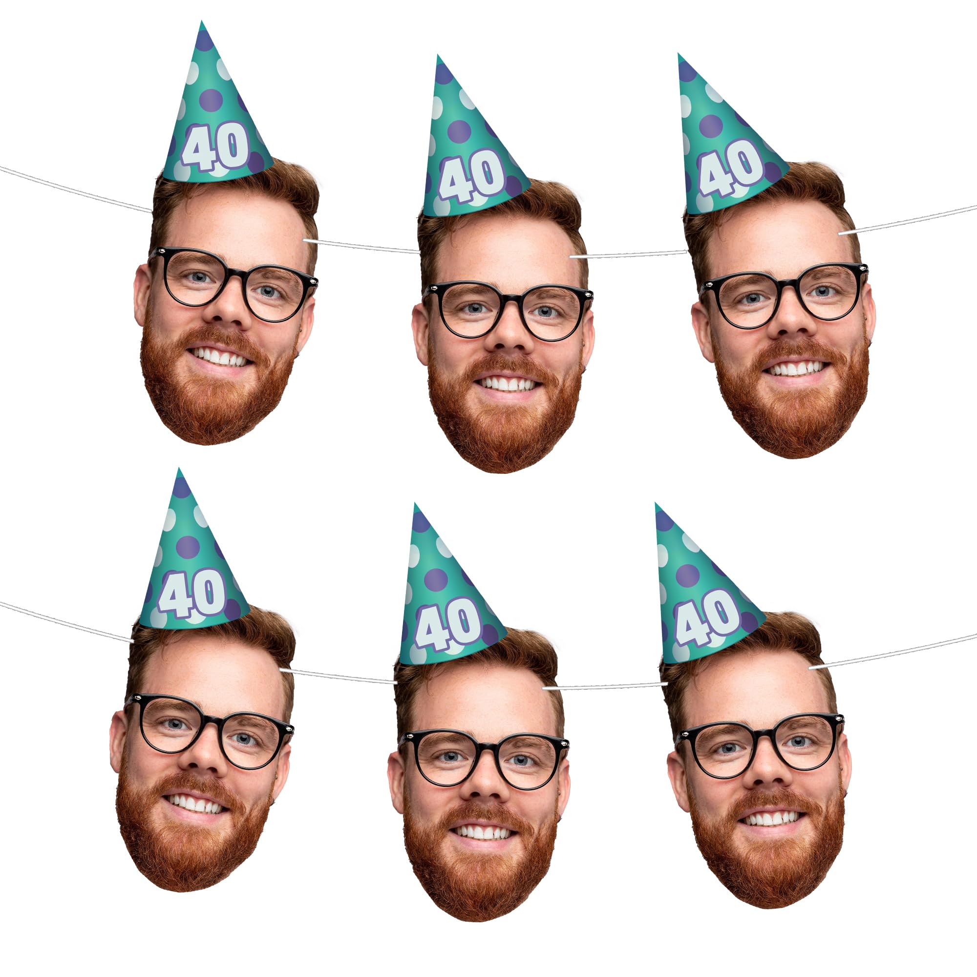 Personalised Birthday Bunting – Custom A5 Face Cutout Banner with Party Hat – Fun Party Decoration for 18th, 21st, 30th, 40th, 50th (24 Bunting Faces)