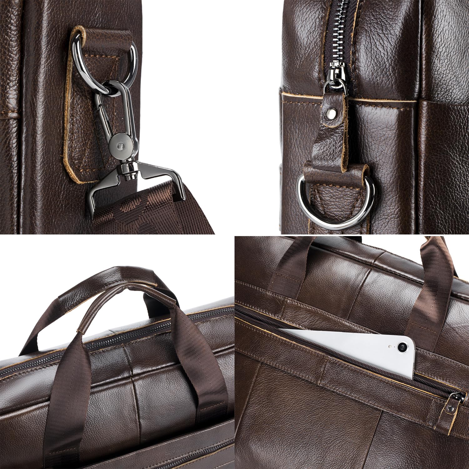Hebetag Bolso bandolera de cuero para negocios 14 pulgadas café