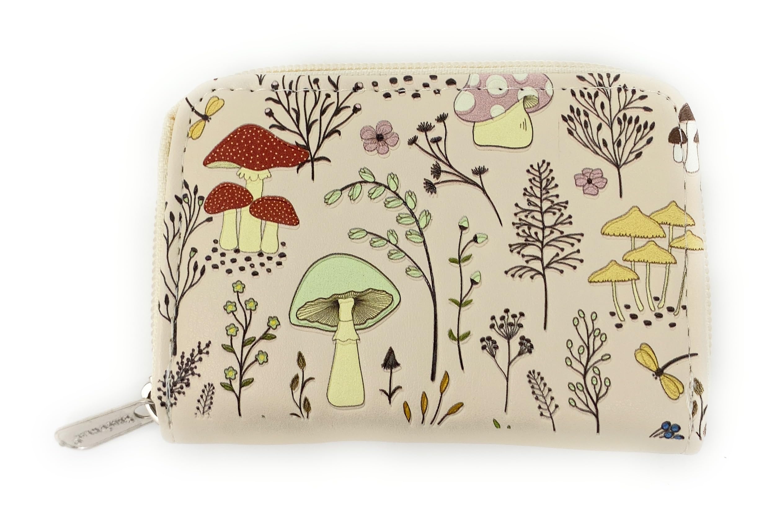 Shag Wear Mushroom Forest Small Coin Purse Pouch For Women Vegan Faux Leather Beige
