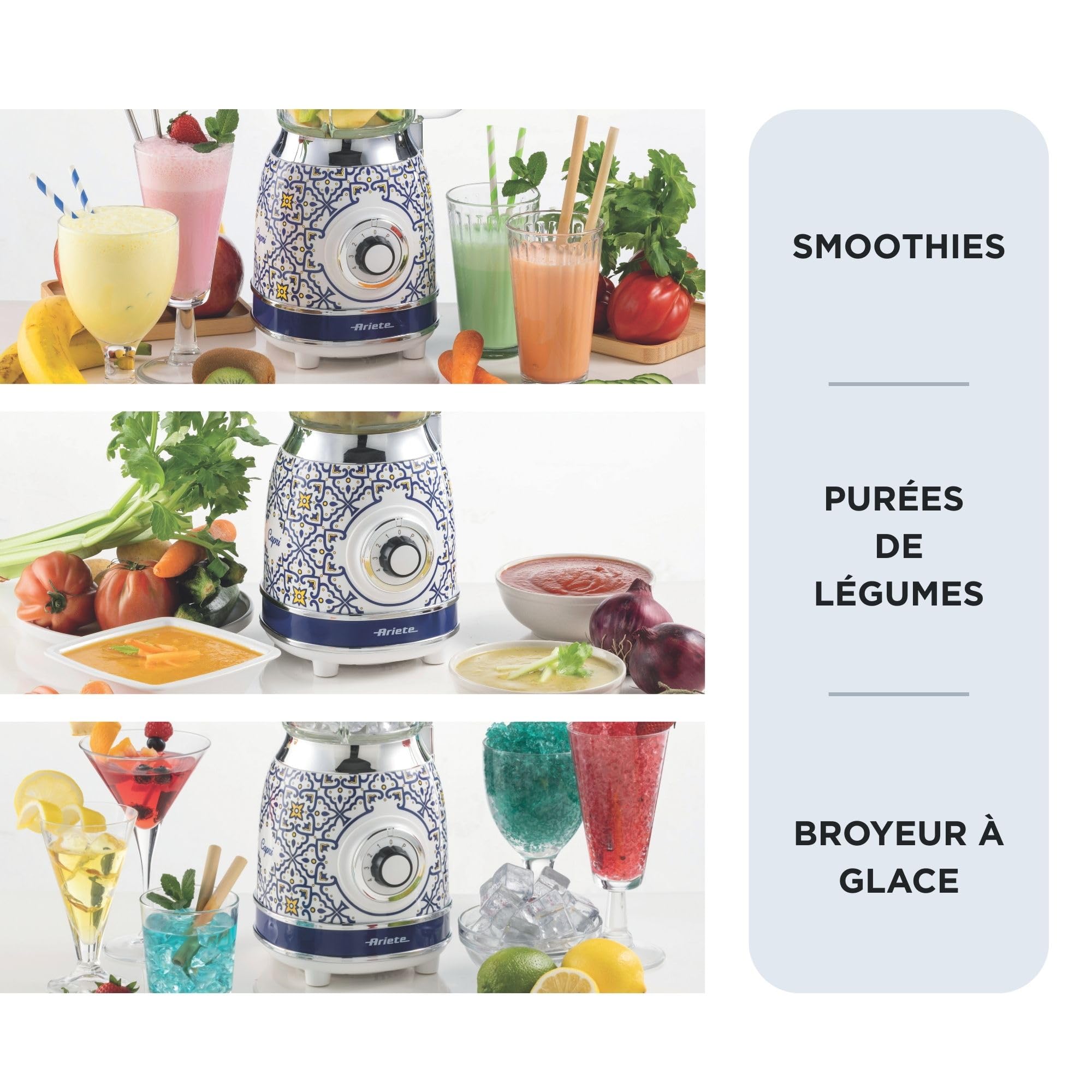 Ariete 583 Capri, Blender Mixeur Électrique en Verre de 1,5 Litres, 4 Vitesses + Pulse avec Fonction Broyeur de Glace, 4 Lames en Acier Inox, 1000 Watts, Smoothies, Milkshakes et Granités