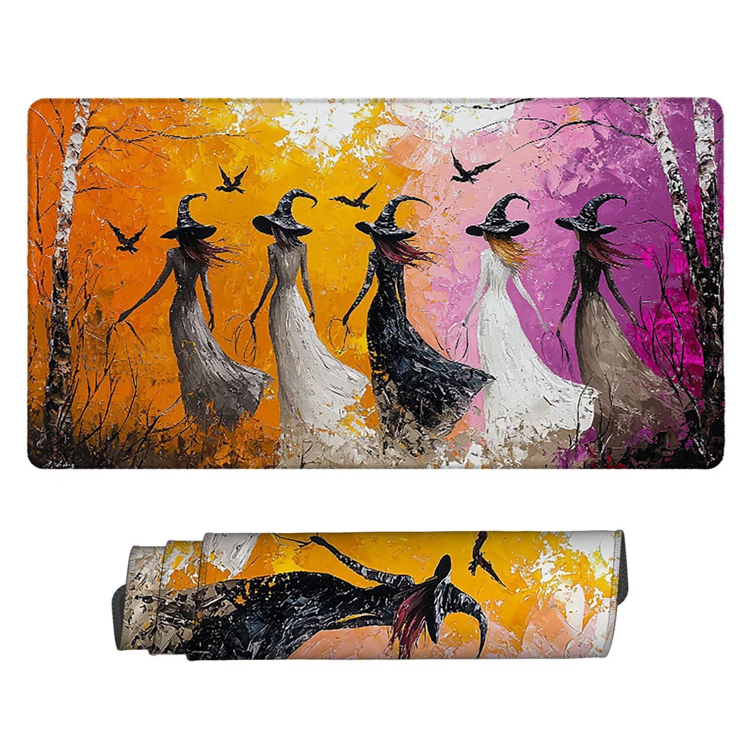 Podkładka pod mysz, 100 x 50 cm, gamingowa podkładka pod mysz z przyszytymi krawędziami, leśna wiedźma, wydłużona, duża podkładka pod mysz XXL, gamingowa podkładka pod mysz z antypoślizgową gumową