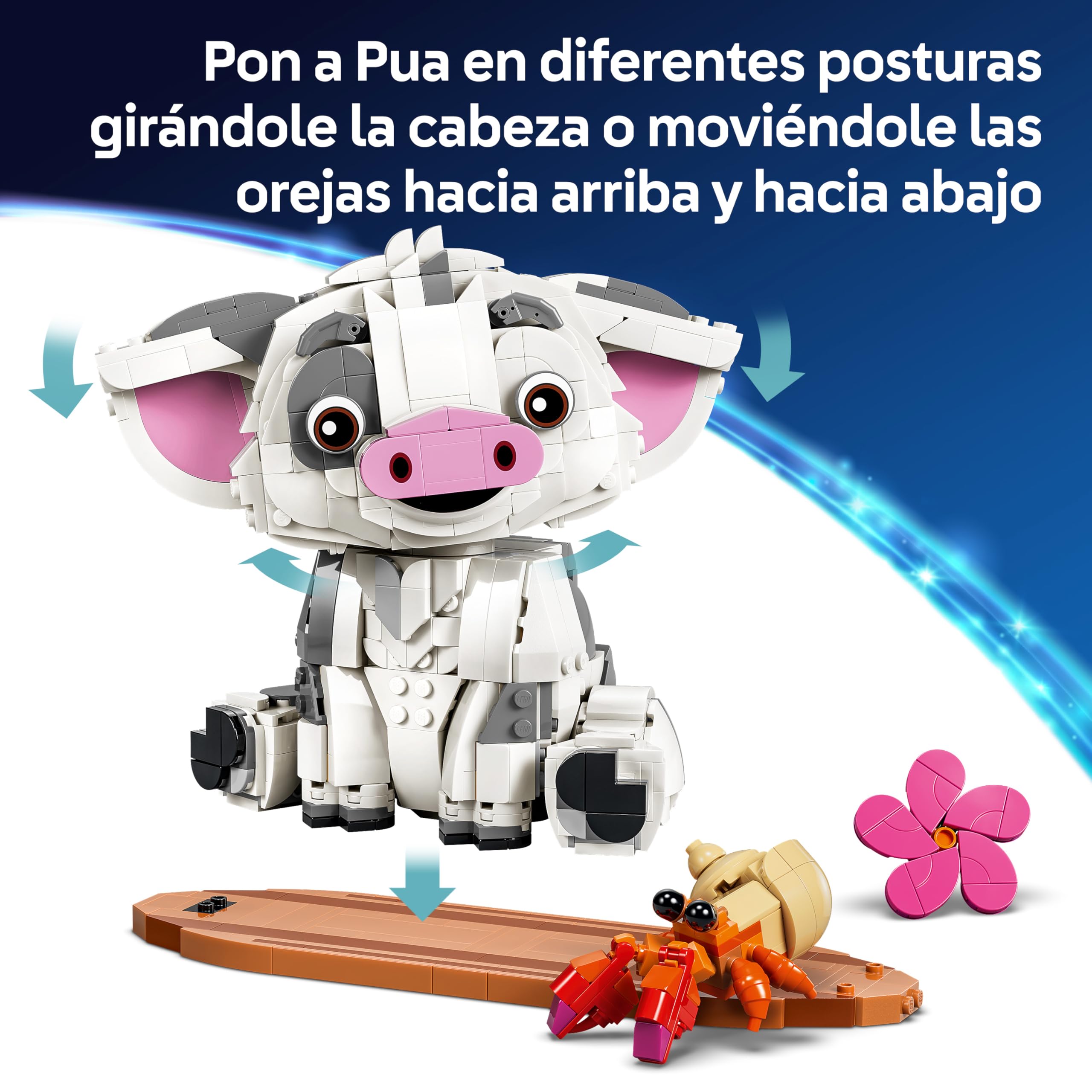 LEGO | Disney Vaiana Pua – Figura Animal de Cerdo de Juguete con Flor, Cangrejo y Barco – Decoración del Dormitorio Infantil – Idea de Regalo para Niñas de 9+ Años y Fans de la Película – 43292