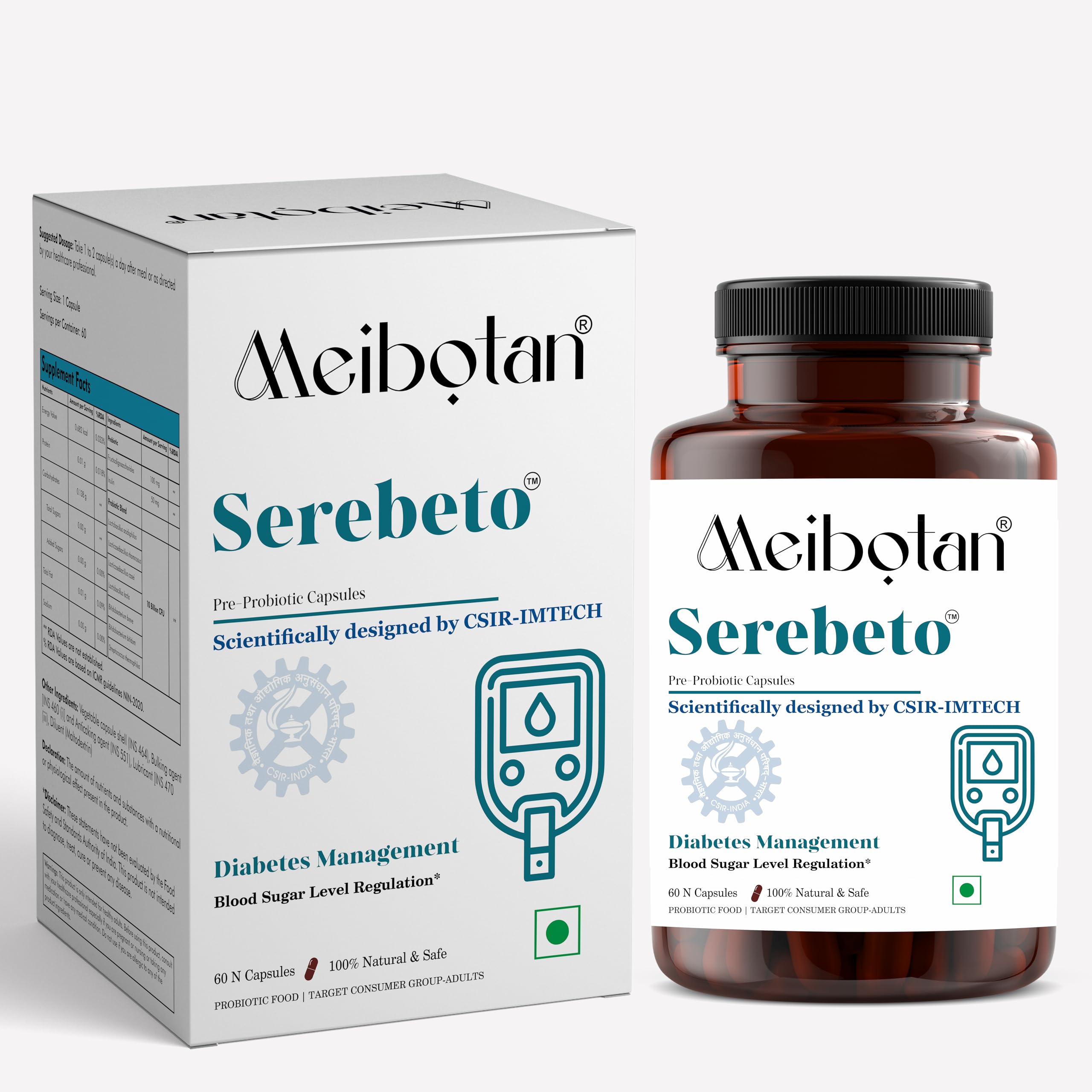 Meibotan Serebeto India First 10 Billion Probiotic Blend formulation Scientifically designed by CSIR-IMTECH Control Diabetes & Blood Sugar Levels 60 Veg Capsule (Men & Women) (B0CN1DFN2V) Amazon Price History, Amazon Price Tracker