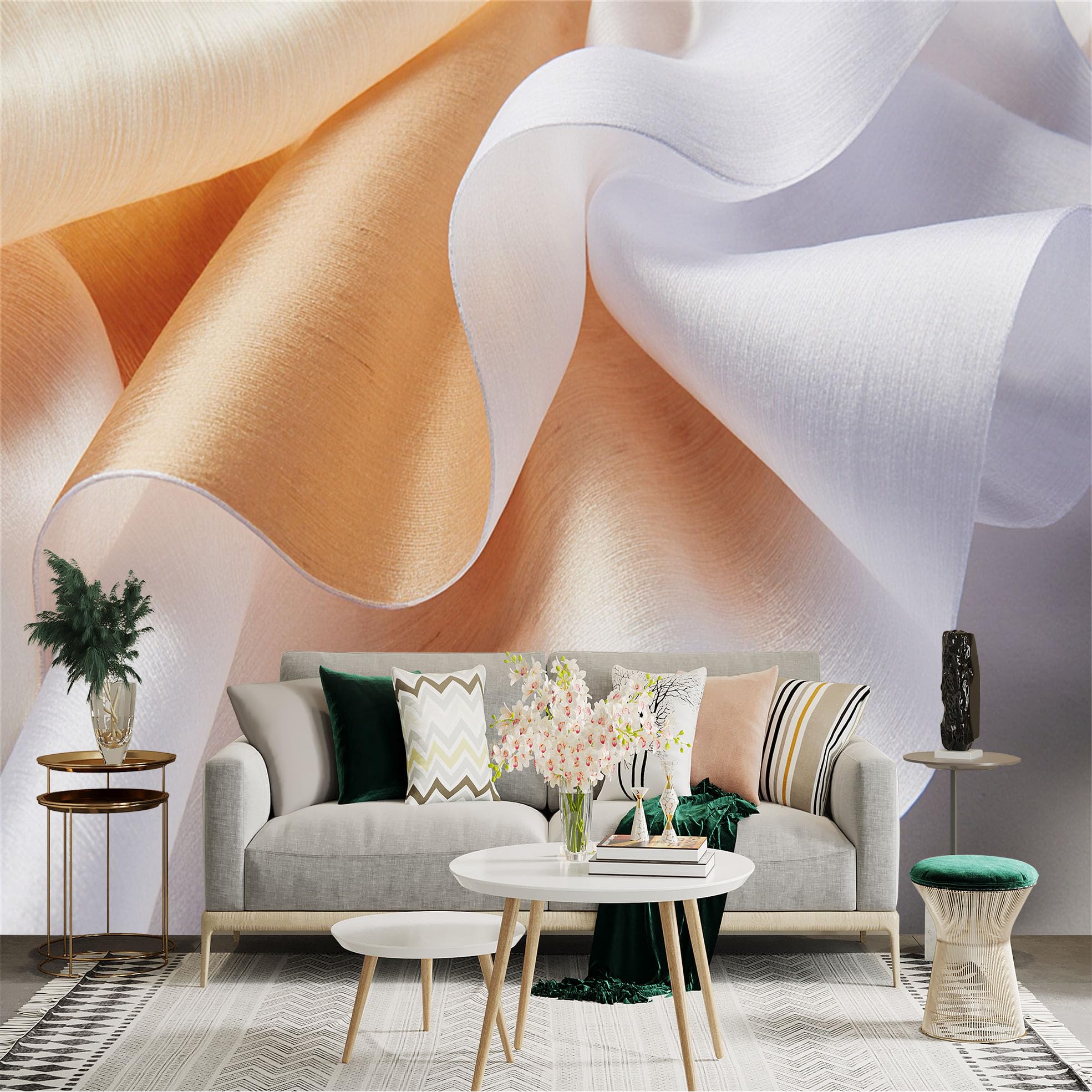 Custom Size Wall Sticker Mural， Soft Wavy Fabric Texture， Elegant White and Champagne Silk Waves， Abstract Fluid Drapes， for wall Decoration， peelandstick wall Decals.