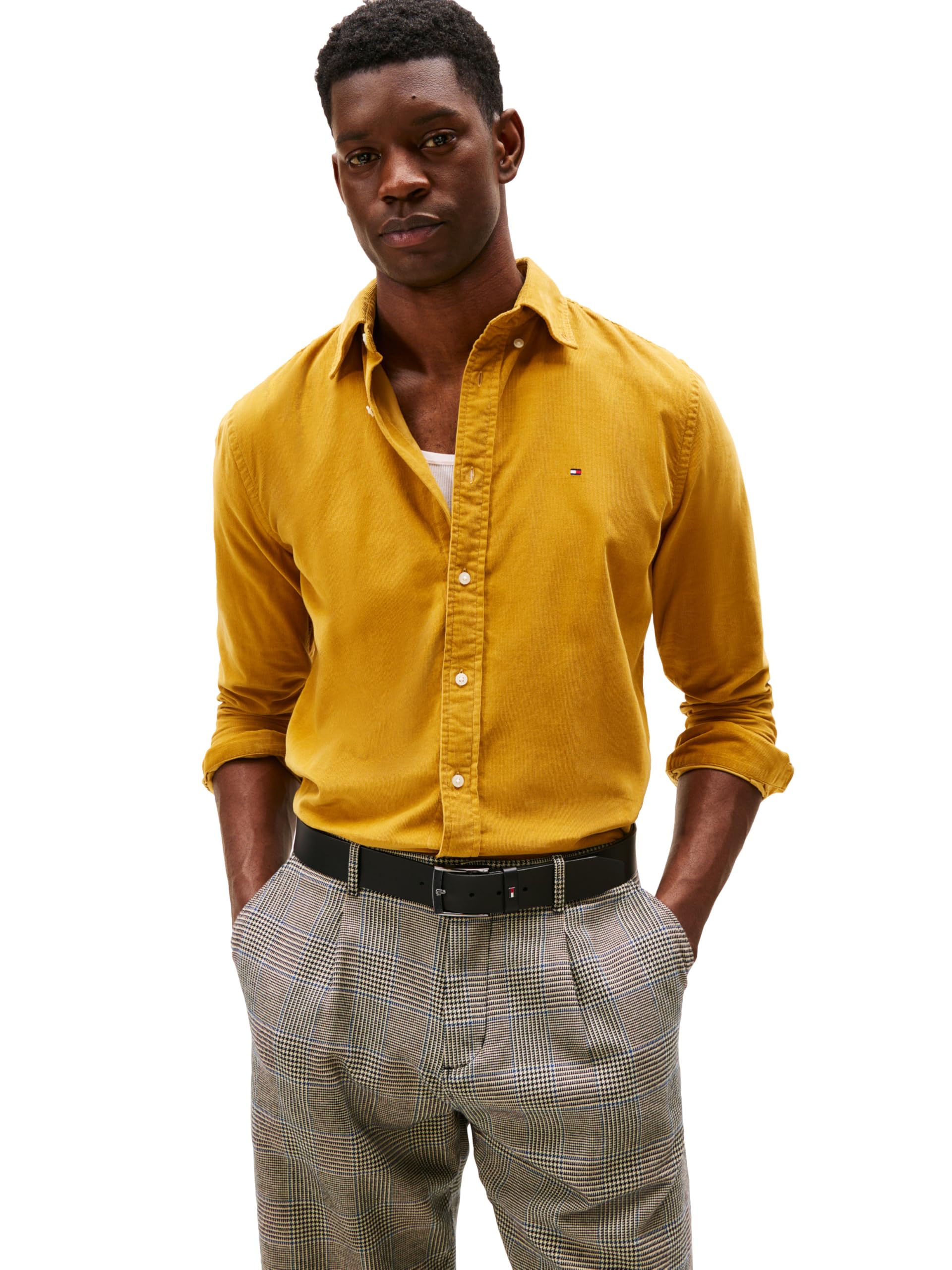 Tommy Hilfiger Long Sleeve Corduroy Regular Fit, Men's Button Down Shirt, Countryside Yellow Cord, XL