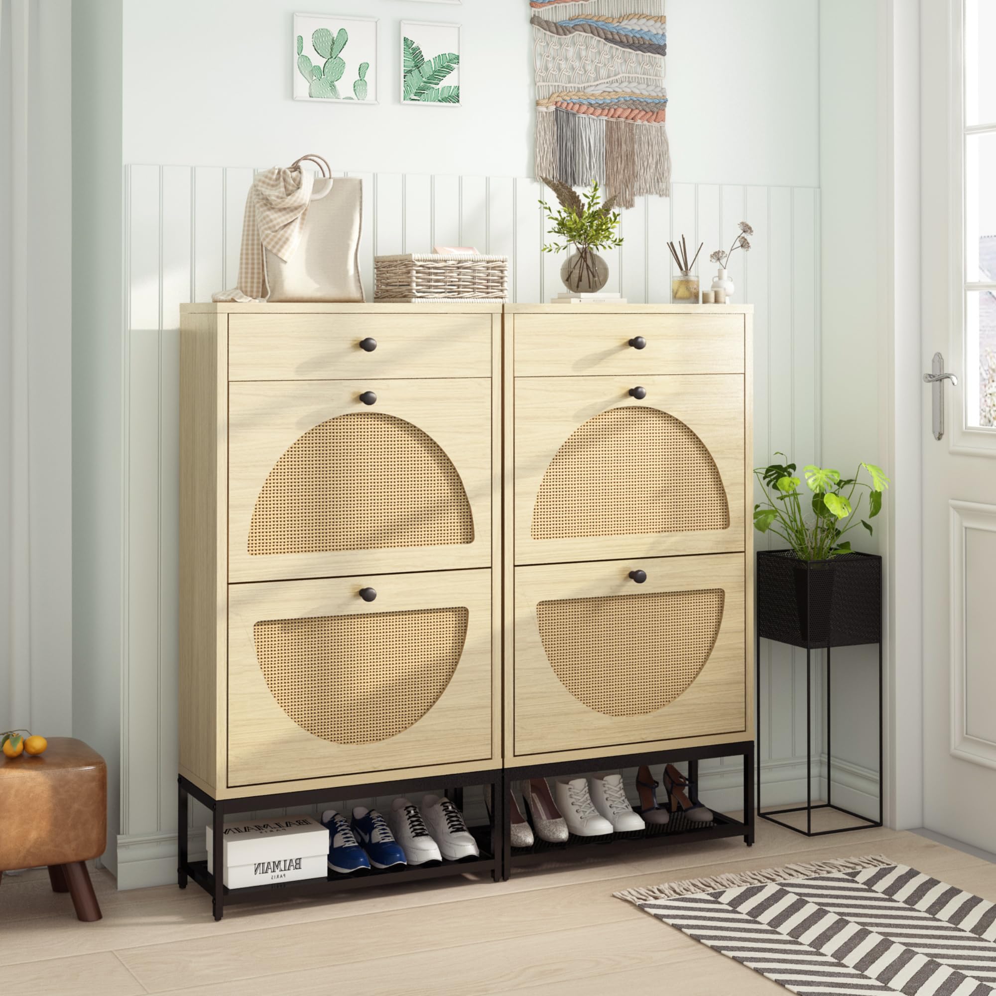 Lamerge Free Standing Shoe Racks Pack of 2, Entryway Organizer with 2 Natural Semi-Circular Rattan Flip Drawers, Hallway Faux Wooden Shoe Storage Cabinet with Bottom Rack for Living Room, Bedroom