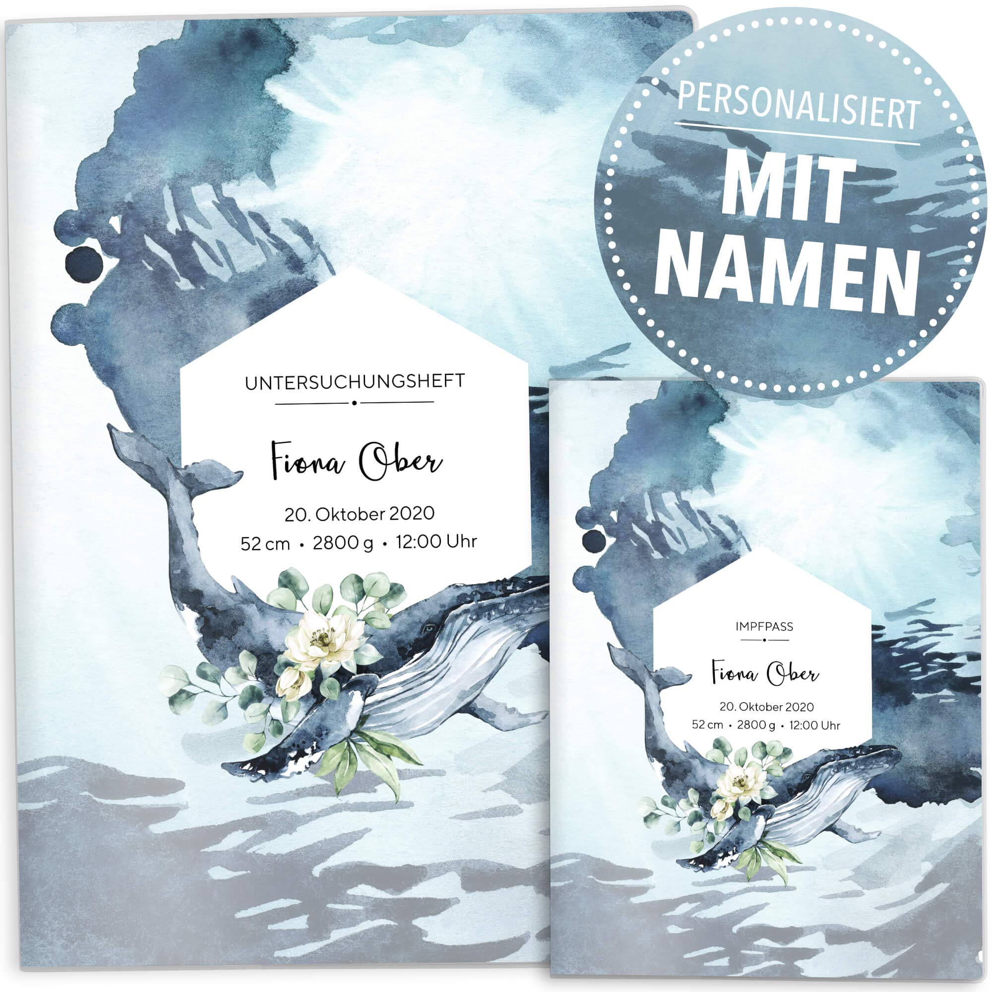 OLGS U-Heft und Impfpasshülle Set | Walfisch | Hochwertige Hüllen für Untersuchungsheft & Impfpass | Schwangerschaft, Geschenkidee mit Namen (Impfpasshülle, Uhefthülle personalisiert, Blauwal)