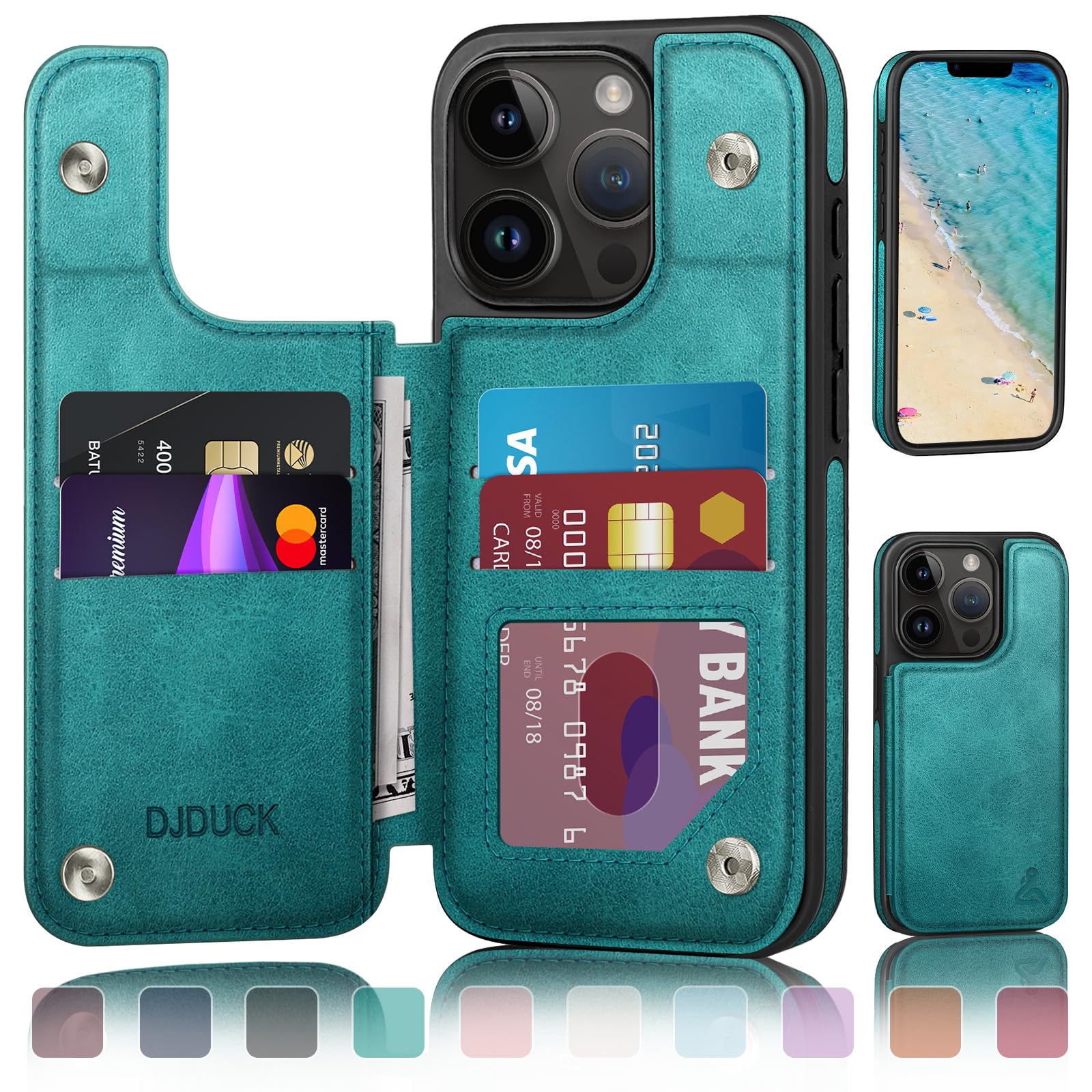 DJDUCK Designed for iPhone 13 Pro Max Case Wallet with Card Holder, [Magnetic Clasp Cover] [RFID Blocking Leather Protection] Shockproof Women Men Cases 6.7 Inch for Apple 13 Pro Max Blue Green