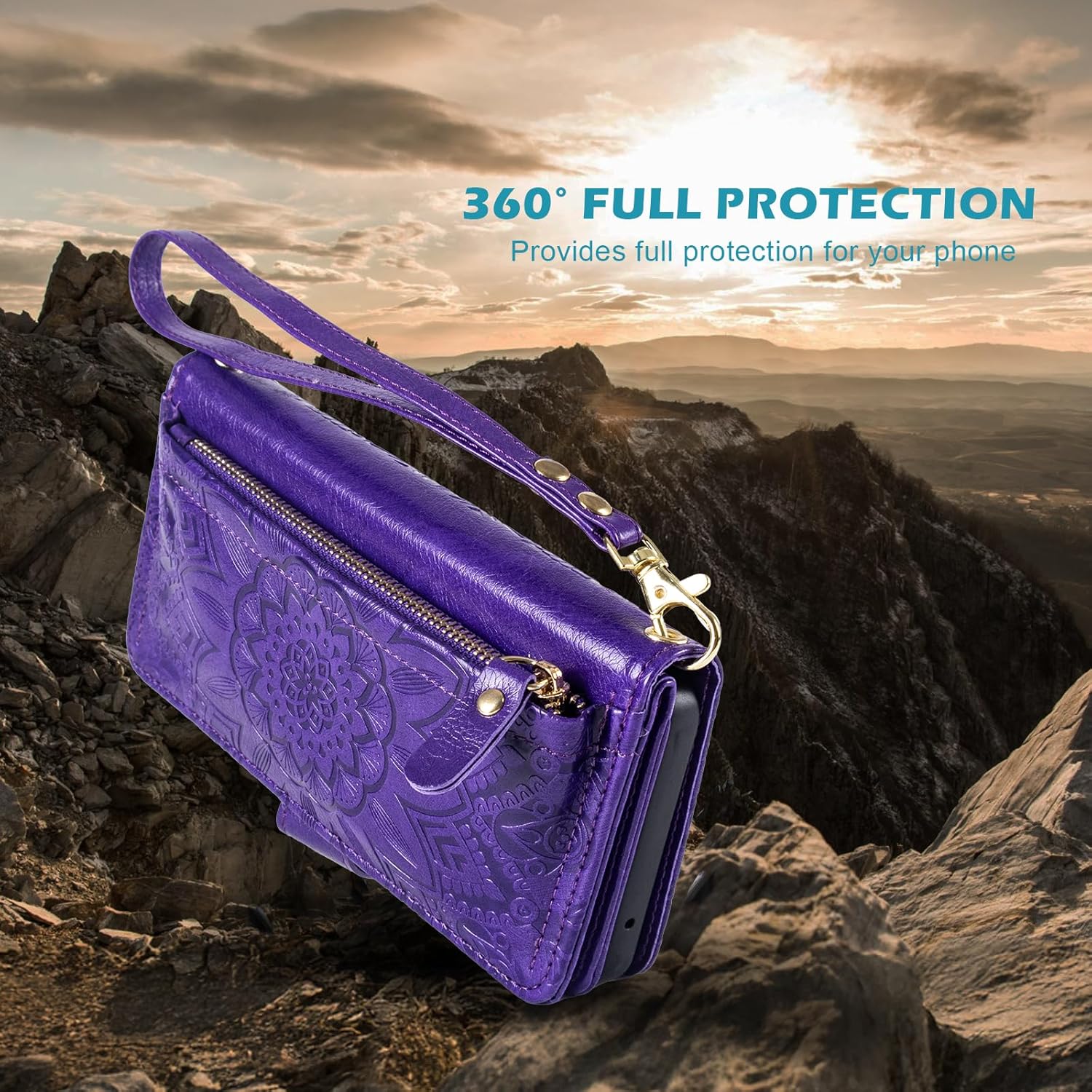 Harryshell for iPhone 15 Pro Max Detachable Magnetic Case Wallet,Compatible with Magsafe Wireless Charging, [ RFID Blocking ] Card Slots, Cash Zipper Pocket Wrist Strap (Floral Purple)