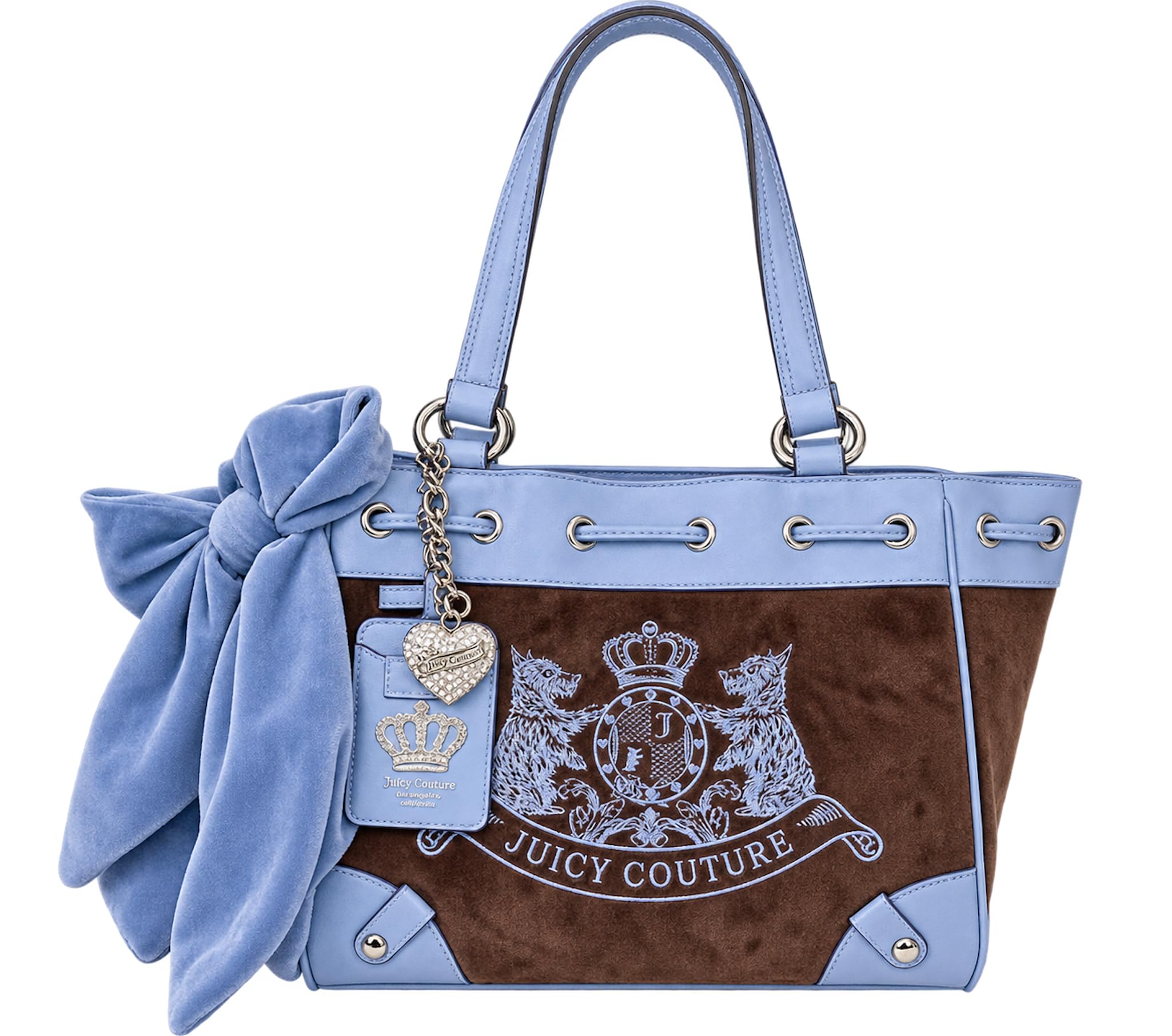 Juicy Couture Vintage Dreams Daydreamer Tote Bag, Handbag with Bow Accent & Shoulder Straps, 12 x 11 Inches Chocolate/Belair Blue