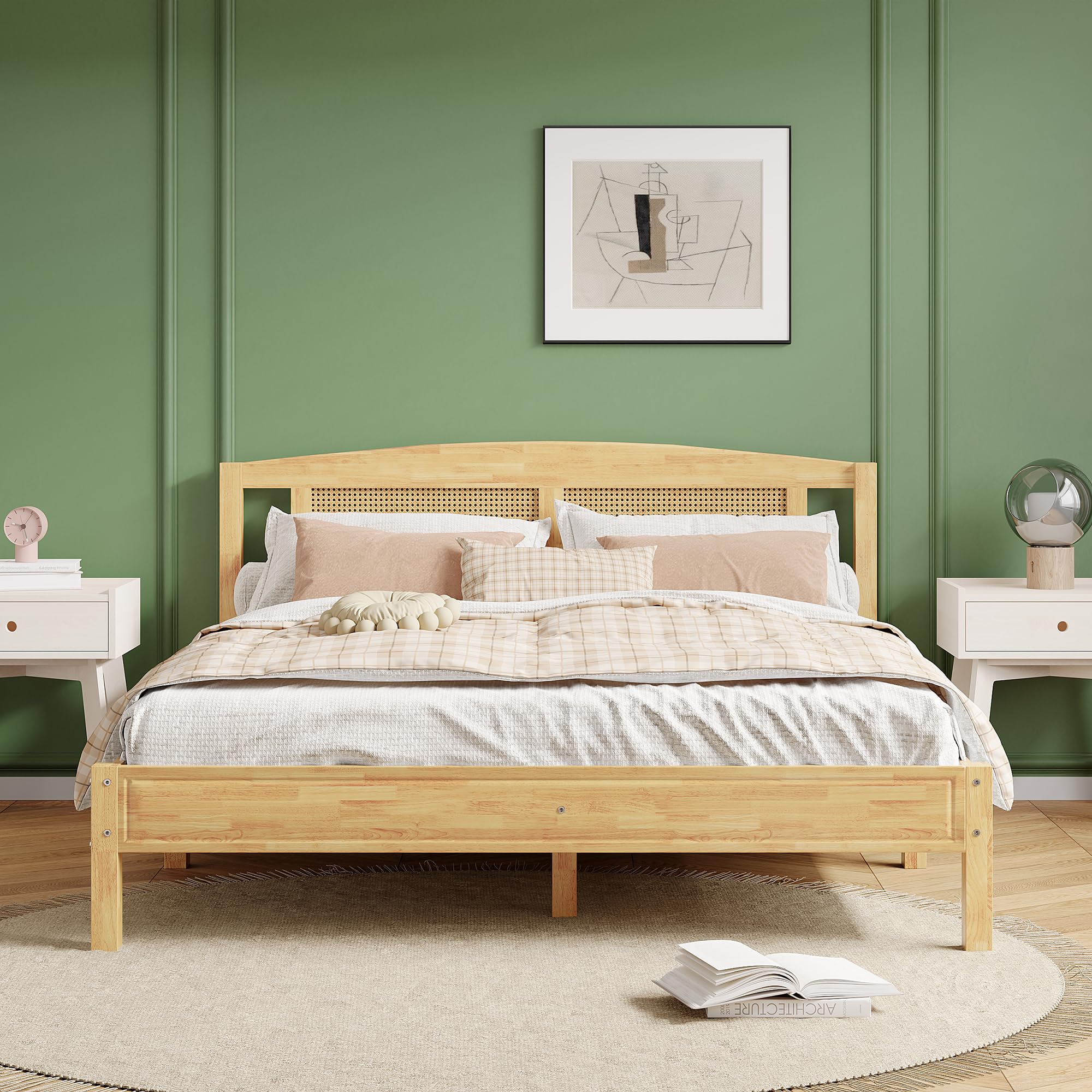 Soweiz Letto matrimoniale, in rattan, per adulti, 160 x 200 cm, con 15 doghe e piedi centrali, pino + rattan sintetico, colore: naturale