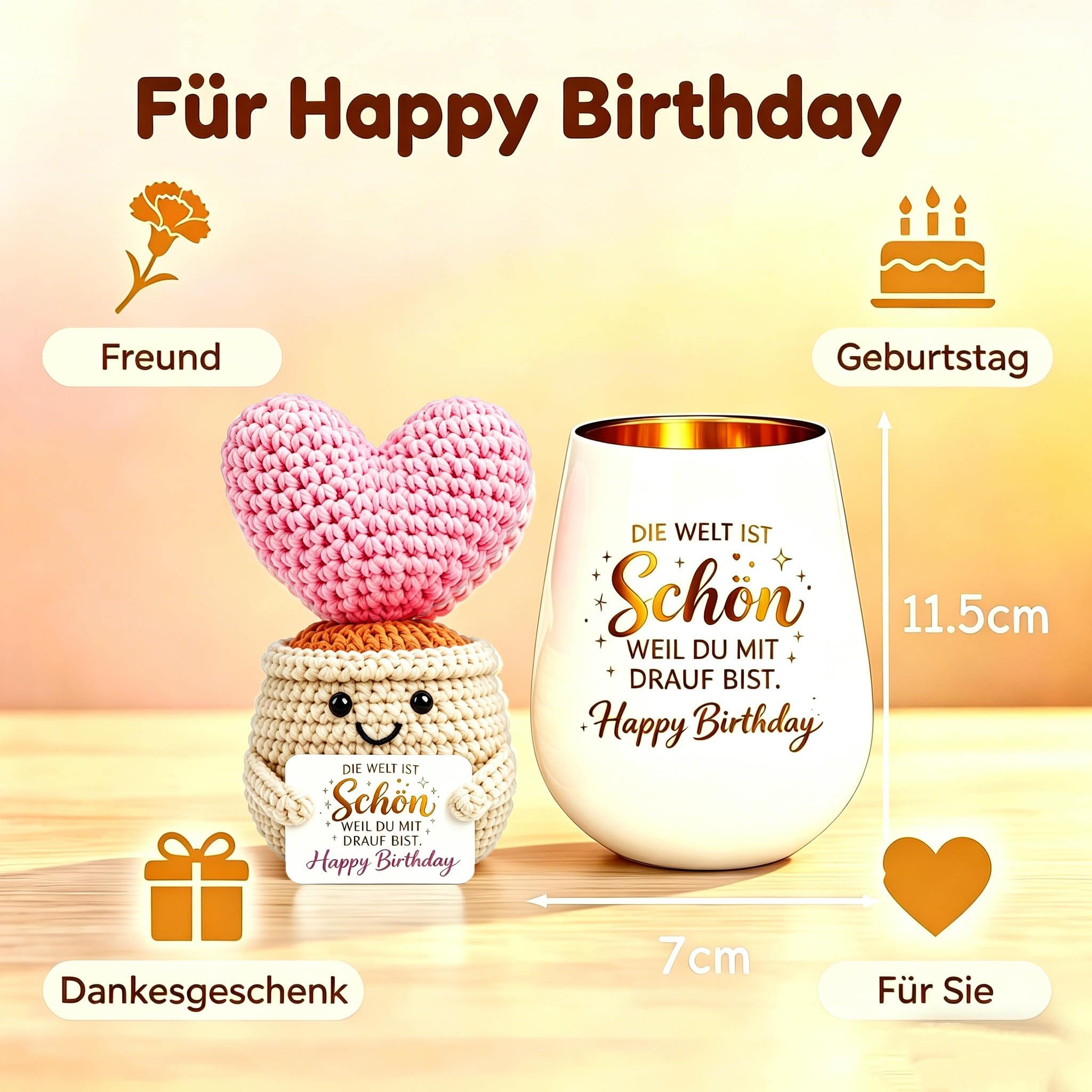 Geburtstagsgeschenk für Frauen, Windlicht mit Gravur und Gehäkelte Liebespuppe, Happy Birthday, Geschenk zum Geburtstag für Freundin, Mama, Oma, Schwester