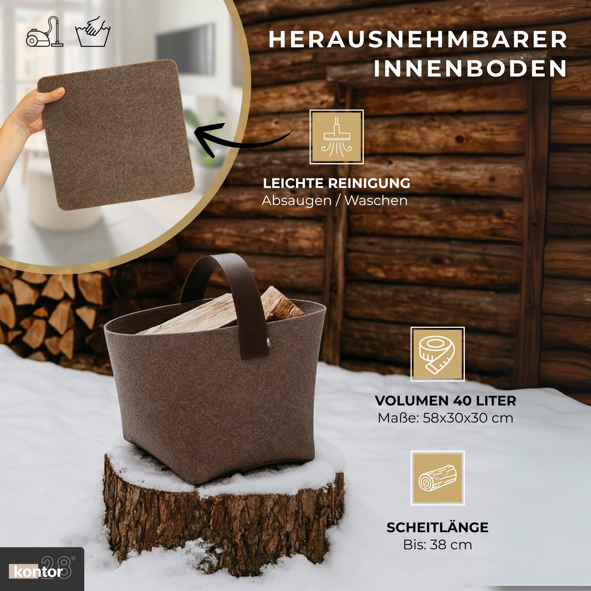 kontor28® - Kaminholzkorb aus Premium Filz 100% MADE IN GERMANY | Brennholzkorb Füllvolumen 40 L mit herausnehmbarem Boden | Feuerholzkorb mit Echtleder-Henkel, robust & standfest - Farbe Naturmeliert
