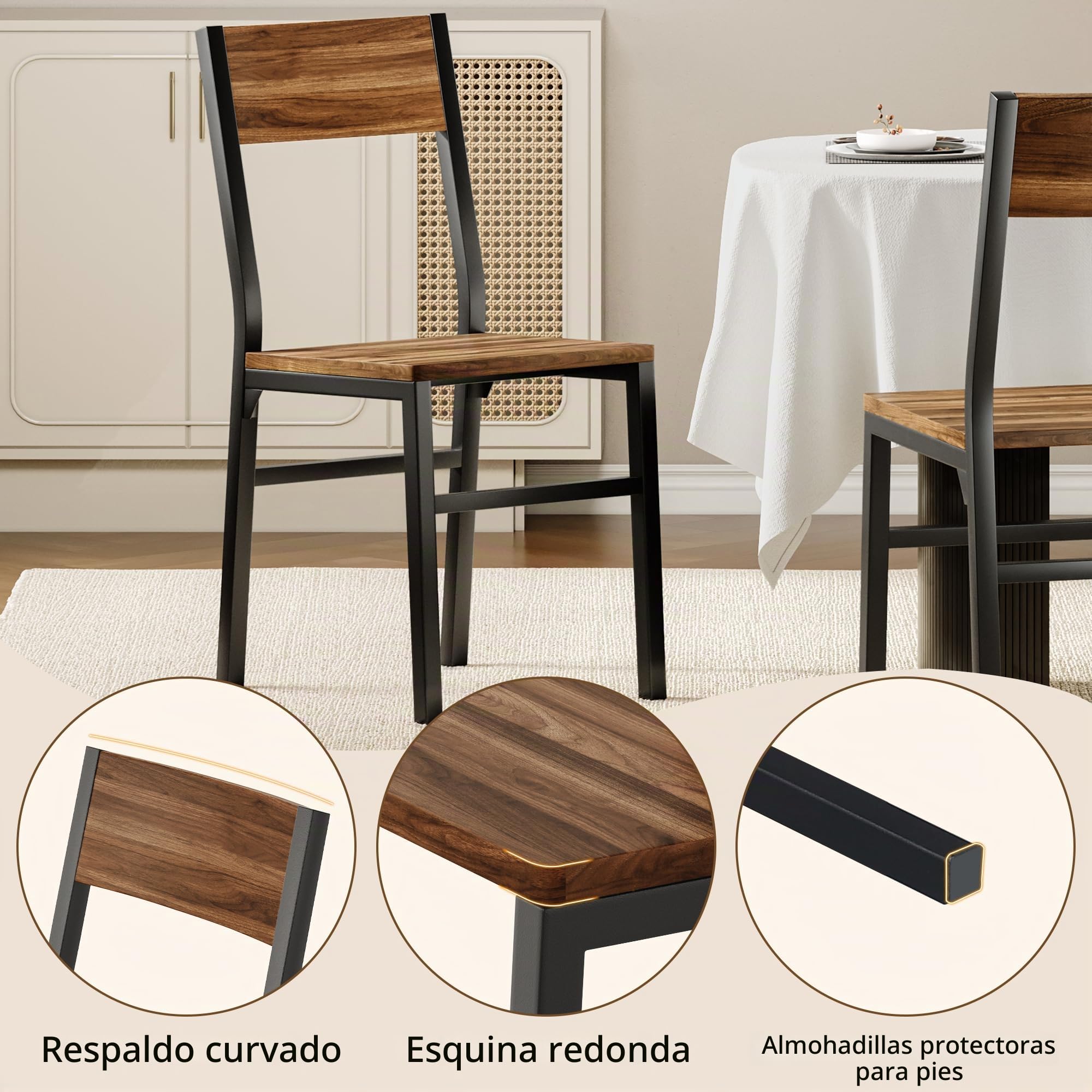 FEONASE Sillas de Comedor Pack 4, 2 Sillas Ergonómicas y 2 Bancos, MDF y Estructura Metálica, Sillas de Cocina para Hogar, Apartamento o Espacios Reducidos, Color Nogal