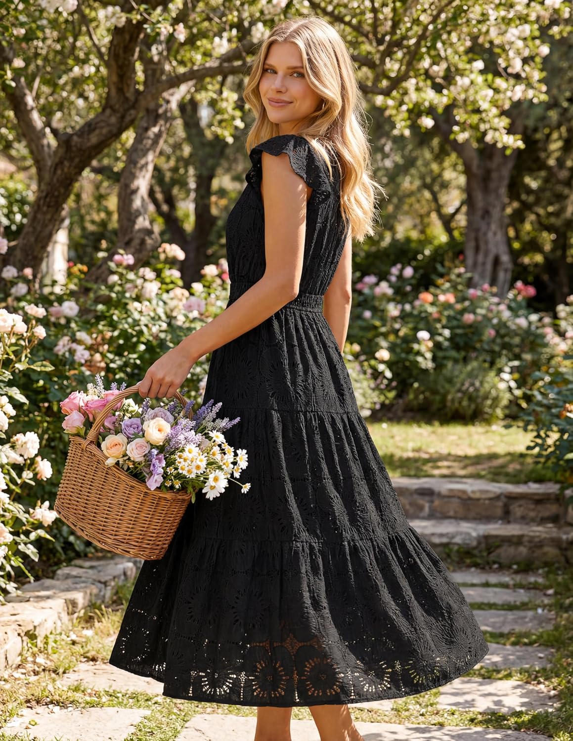 MEROKEETY Women's Summer Lace Eyelet Maxi Dress 2026 Spring Casual Boho Flutter Sleeve Tiered Flowy Beach Vacation Dresses - Image 7