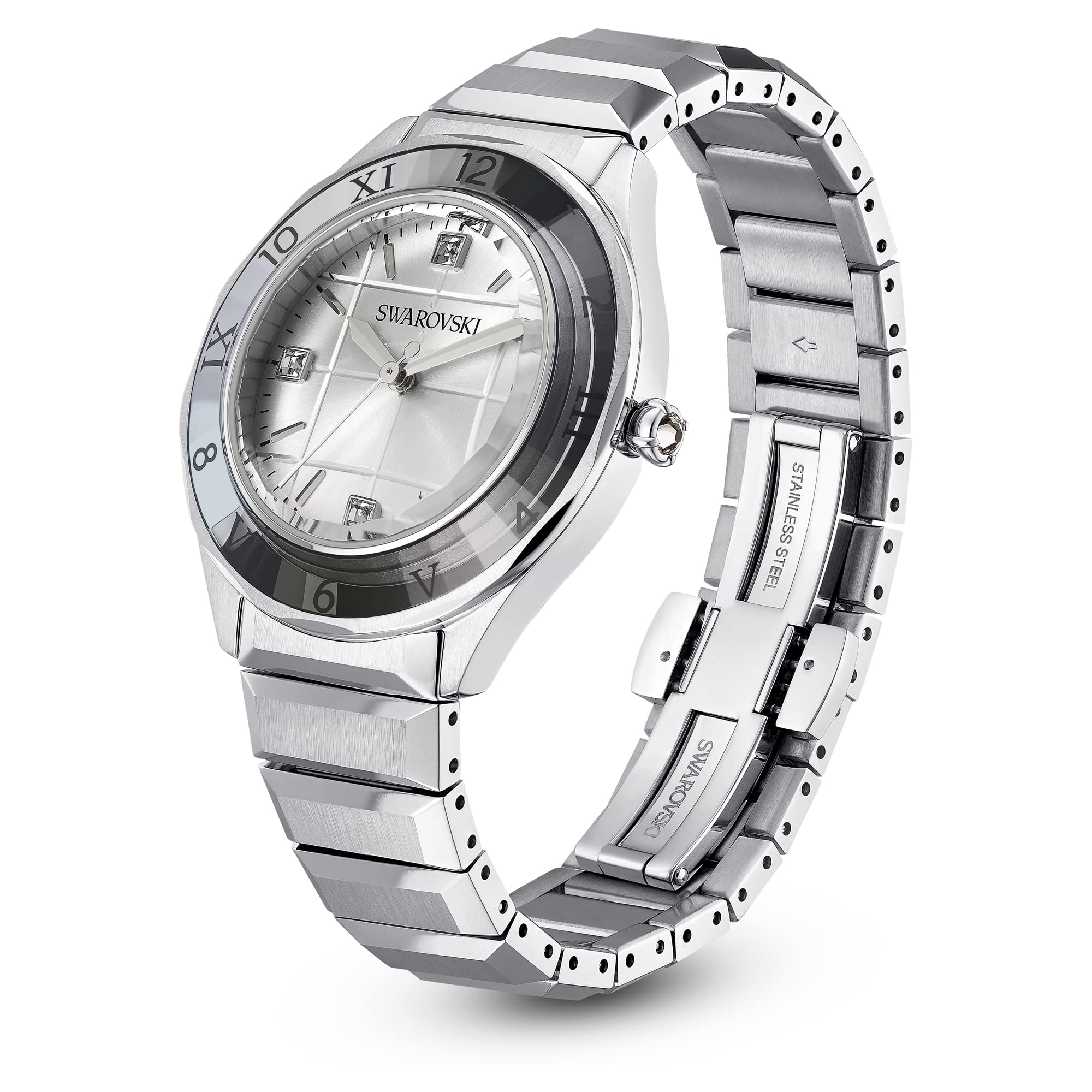 Swarovski Dextera Uhr, Edelstahl Damenuhr mit Silberfarbenem Gehäuse und Zifferblatt, Swarovski Kristallen und Metallarmband