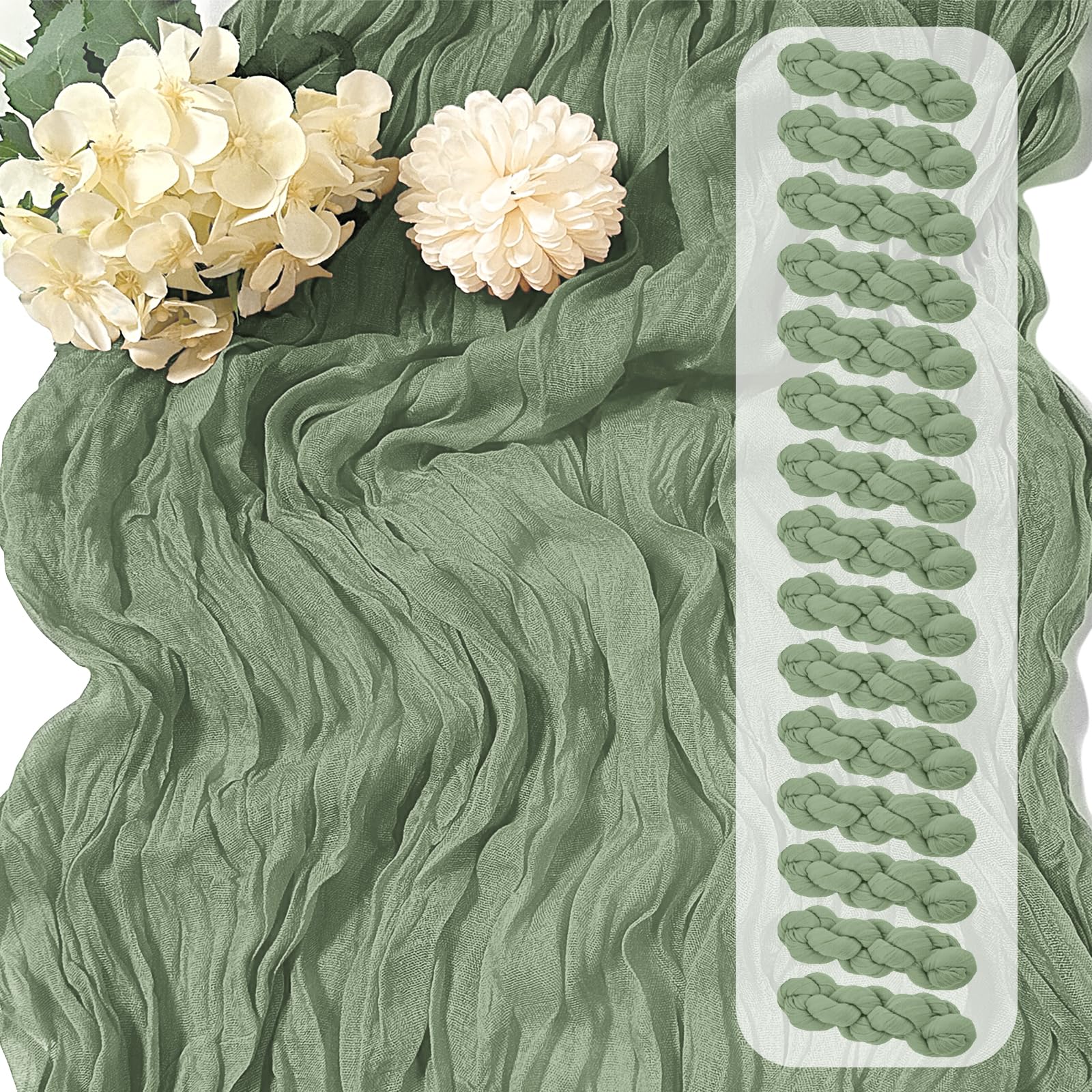 Photo 1 of 15 Pack Sage Green Cheesecloth Table Runner 17 x 108 inch Cheese Cloth Table Runners 9ft Green Table Runner Rustic Romantic Sheer Gauze Runner for Wedding Party Baby Shower Table Decoration