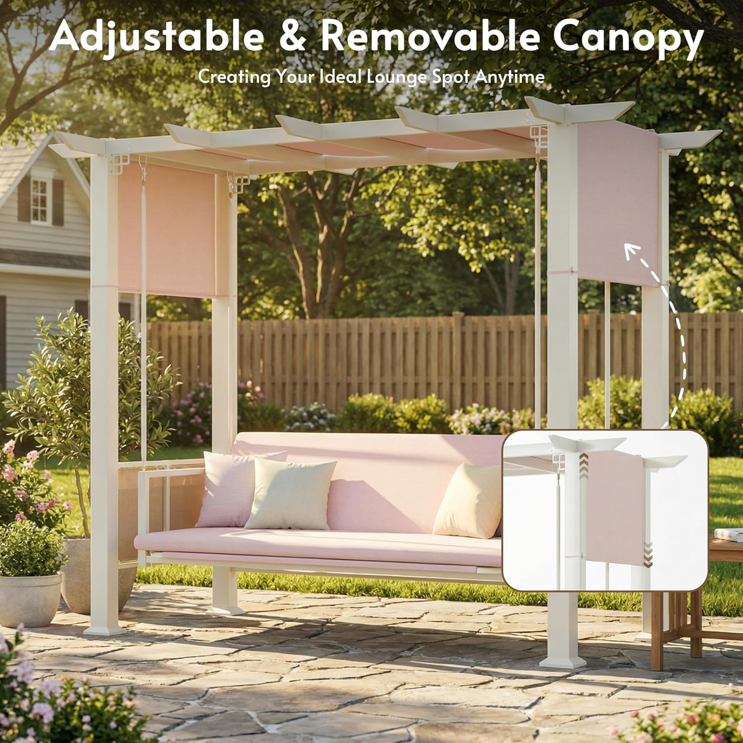 3 Seat Porch Swing with Stand, 2-in-1 Convertible Porch Swing Bed with Adjustable Canopy, Heavy Duty Outdoor Swings for Adults, 3" Thick Cushion & Side Storage Pockets for Patio, Backyard