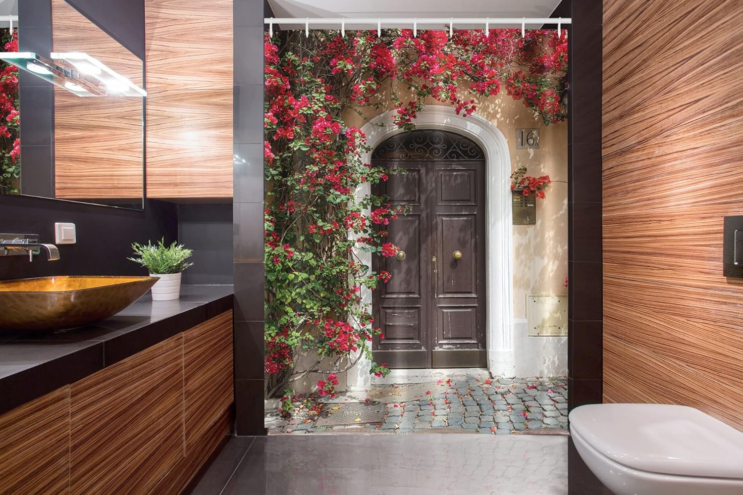 Ambesonne Moroccan Stall Shower Curtain, Old Wooden Door Surrounded by Flowers European Medieval Entrance Italy, Fabric Bathroom Decor Set with Hooks, 54" W x 78" L, Dark Coral Chocolate Cream