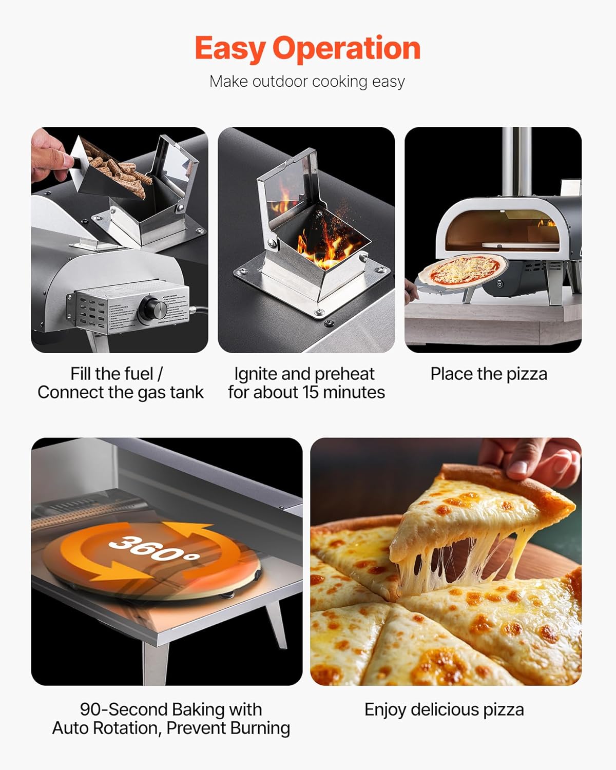 VEVOR Dual Fuel Outdoor Pizza Oven, 12" Auto-Rotating Propane & Wood Pellet Pizza Ovens, Multi-Fuel Pizza Maker with Electric Rotation System & Thermometer, for Outside Patio Camping & Backyard