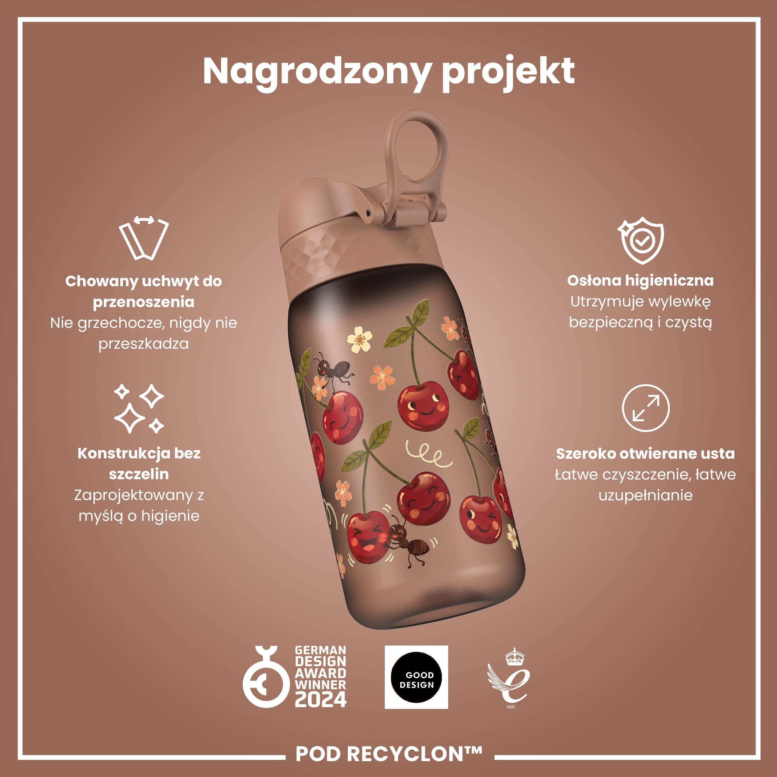 ION8 Butelka dla Dzieci, 350 ml/12 oz, Szczelna, Łatwa do Otwarcia, Bezpieczny Zamek, Można Myć w Zmywarce, Bez BPA, Uchwyt do Przenoszenia, Łatwa do Czyszczenia, Bezwonny, Wiśnie