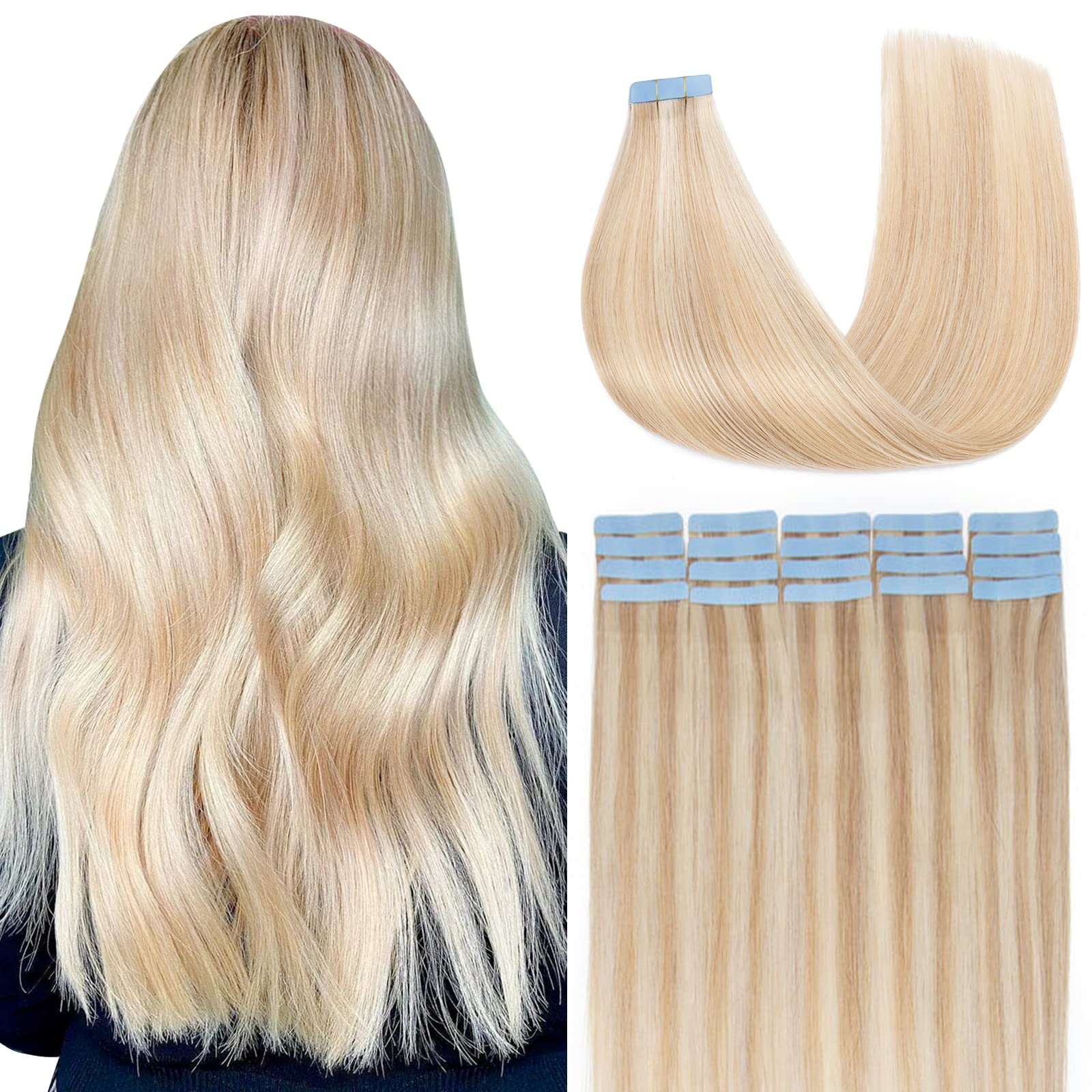 Tape in Human Hair extensions, Camel Blonde mixed Bleach Blode Tess Seamless Silky Straight Hair Extensions, Invisible Tape-In Extensions for Women 20 Pieces 20g/ Pack, 14 Inches