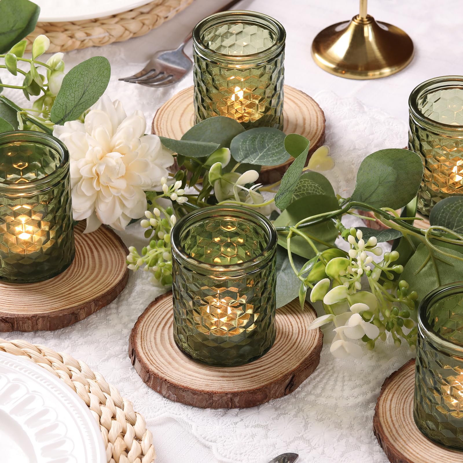 LETINE 12 Stück Teelichthalter, Glas Kerzenhalter, Langlebig und Hochwertige Grüner Teelichtgläser, 6,7 X 5,5 cm kerzengläser, Geeignet für Partys, Festivals, Hochzeiten, Heimdekoration