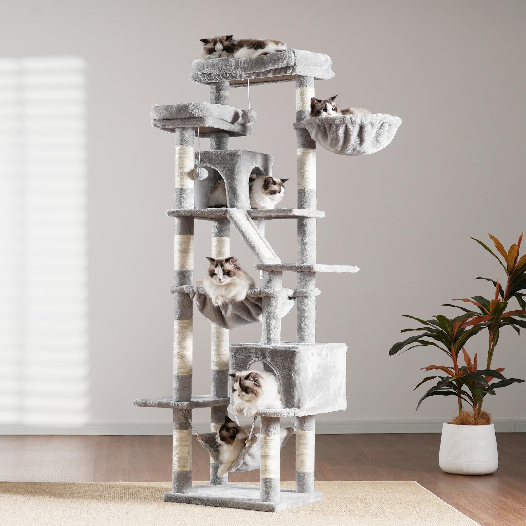 Heybly Rascador para Gatos, Torre De 180 cm, 2 Plataformas, 2 Cabañas, 2 Hamacas, Panel para Arañar. Gran Mueble para Gatos con Espacio De Dormir, Gris Claro HCT034W