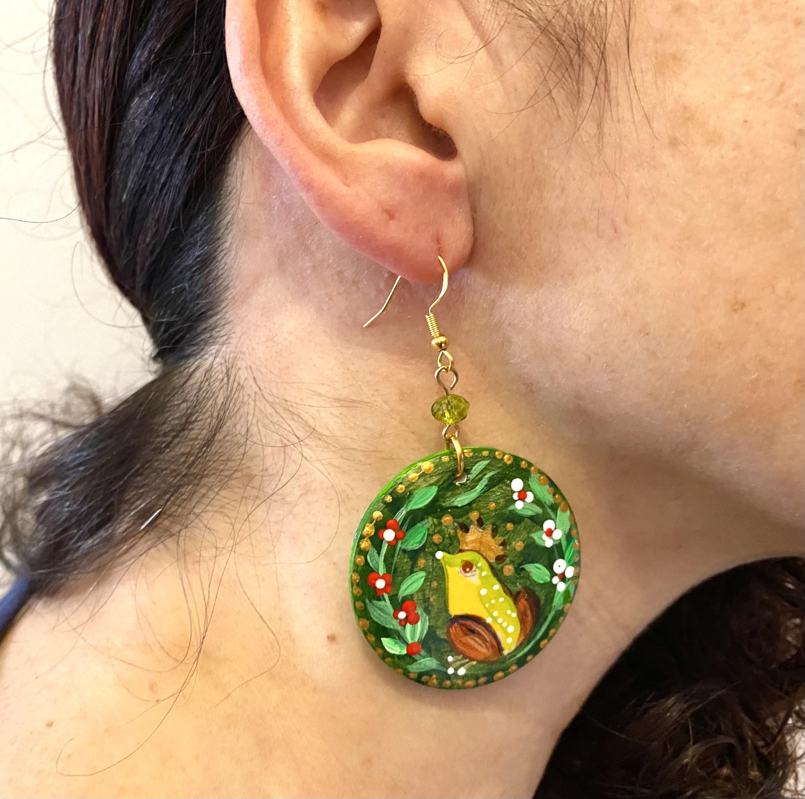 Boucles d'oreilles peintes à la main - PRINCE GRENOUILLE - Boucles d'oreilles pour femmes, Bijoux en bois peint, Crochet en argent, Made in Italy, Bijoux, Artisanat